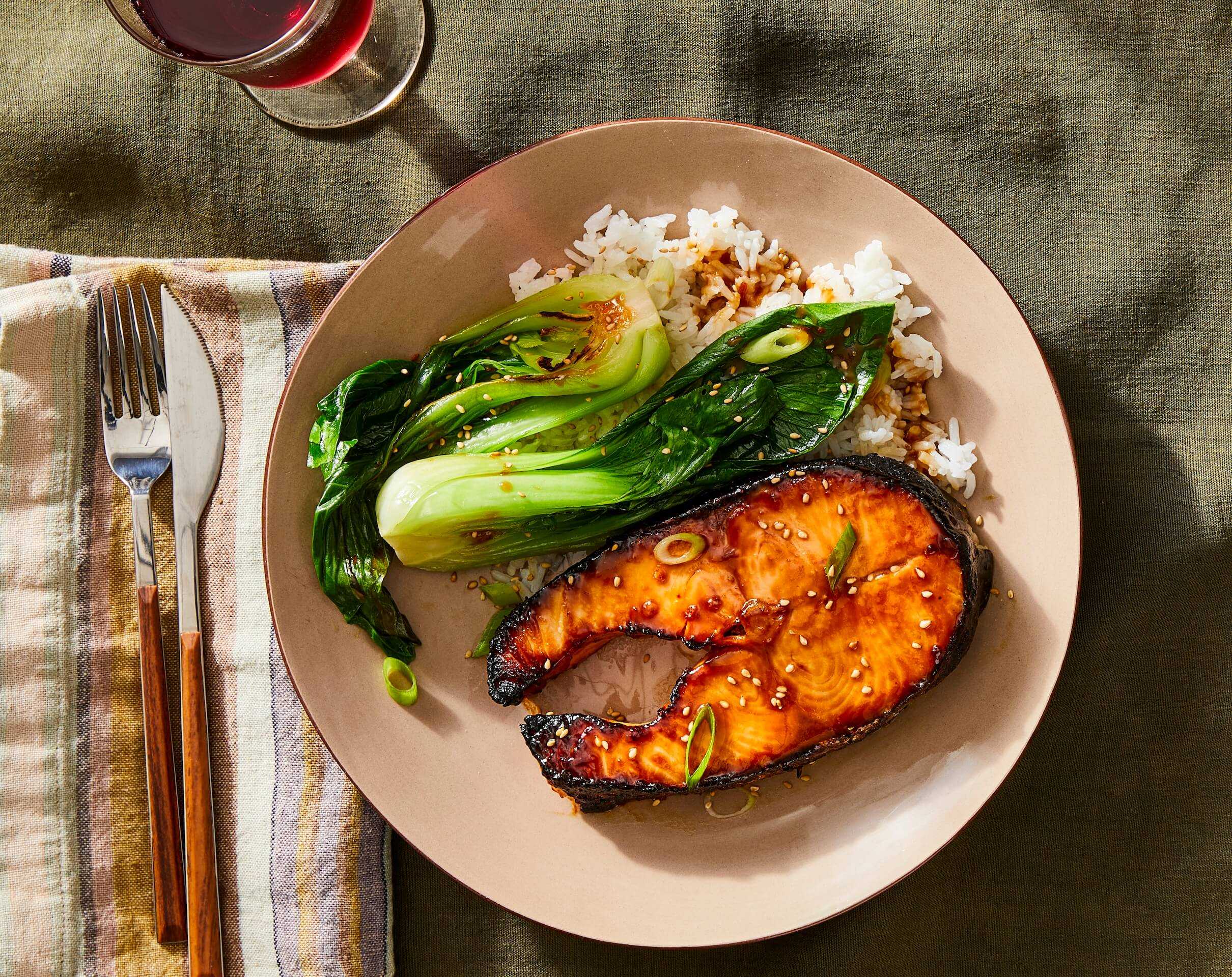 Baked Miso Salmon Steaks with Bok Choy recipe by Grace Parisi