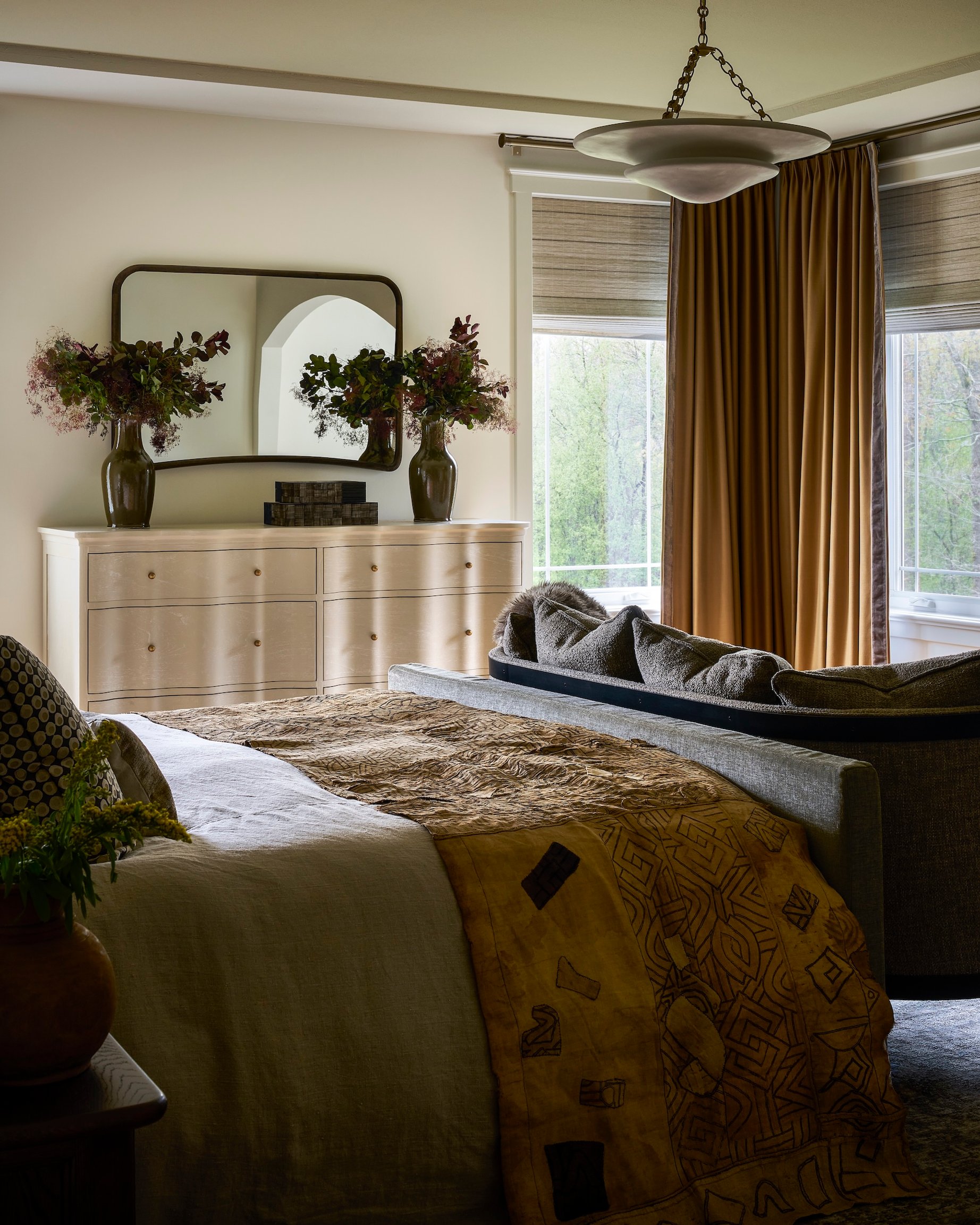 Dawn Reeves Design Luxury Interior Design Chicago Illinois Lake Geneva Primary Bedroom Dresser Mirror Vases