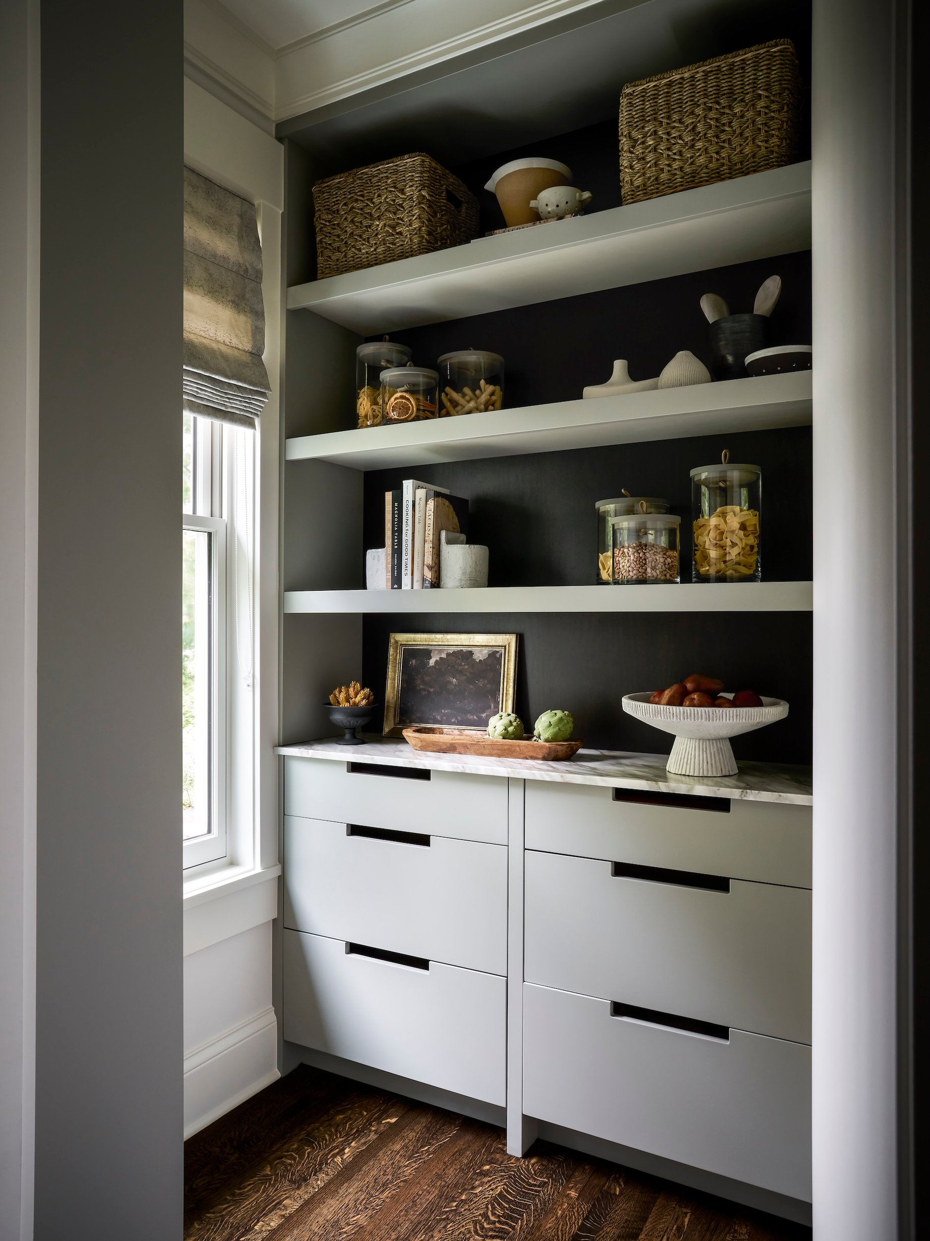 Dawn Reeves Design Luxury Interior Design Chicago Illinois Lincoln Pantry Open Shelves Dark Green
