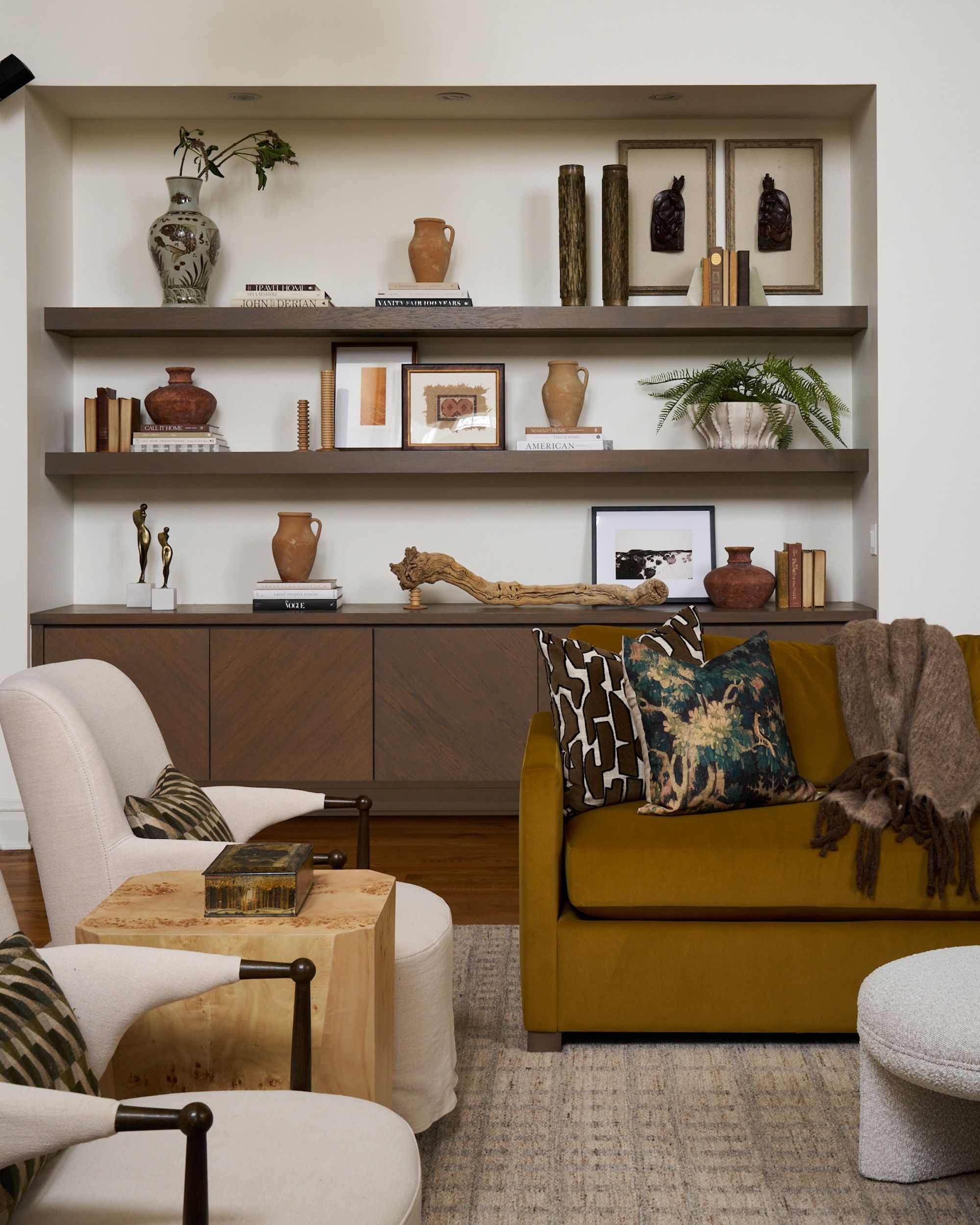 Dawn Reeves Design Luxury Interior Design Chicago Illinois Living Room Built In Shelving Mustard Sofa