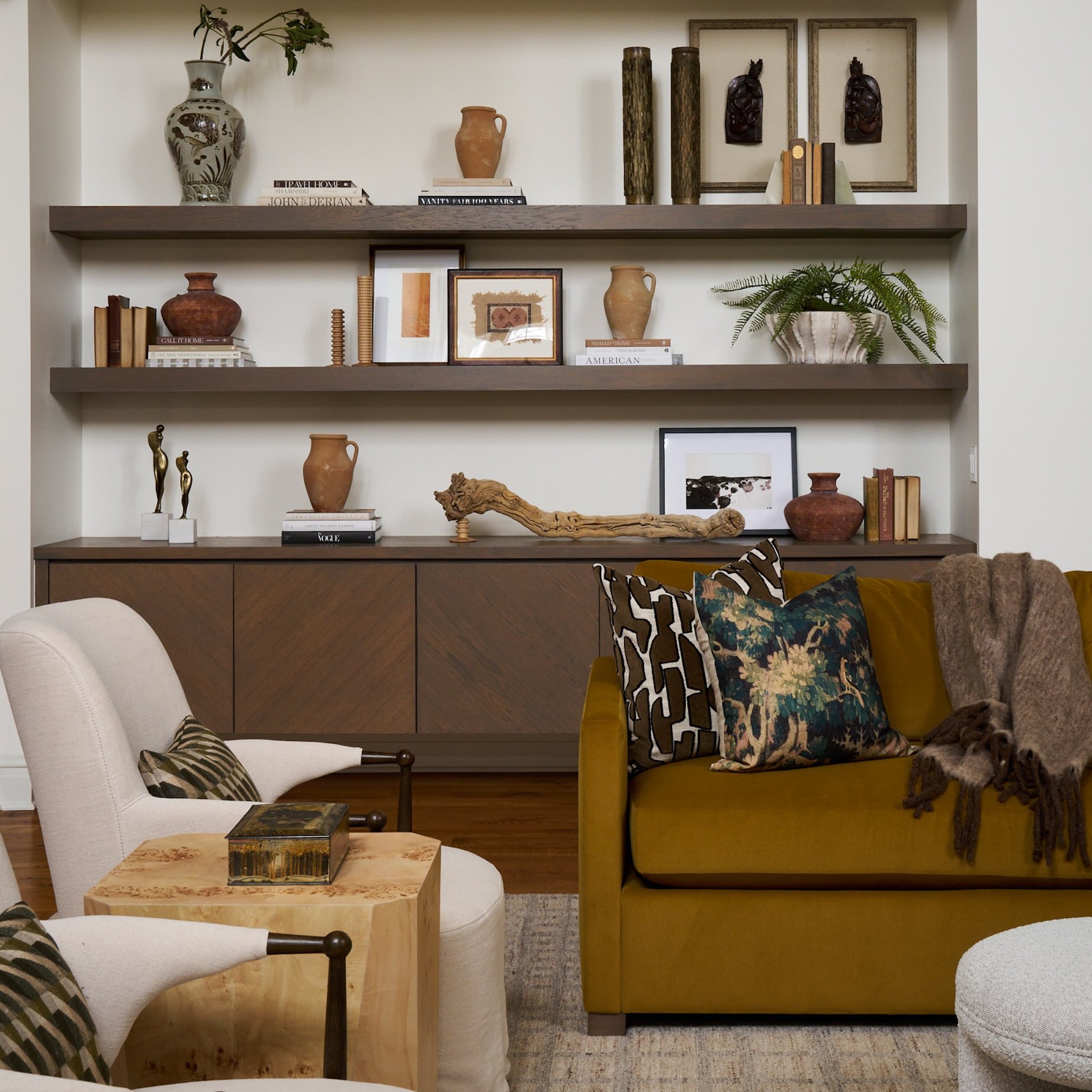Dawn Reeves Design Luxury Interior Design Chicago Illinois Living Room Built In Shelving Mustard Sofa