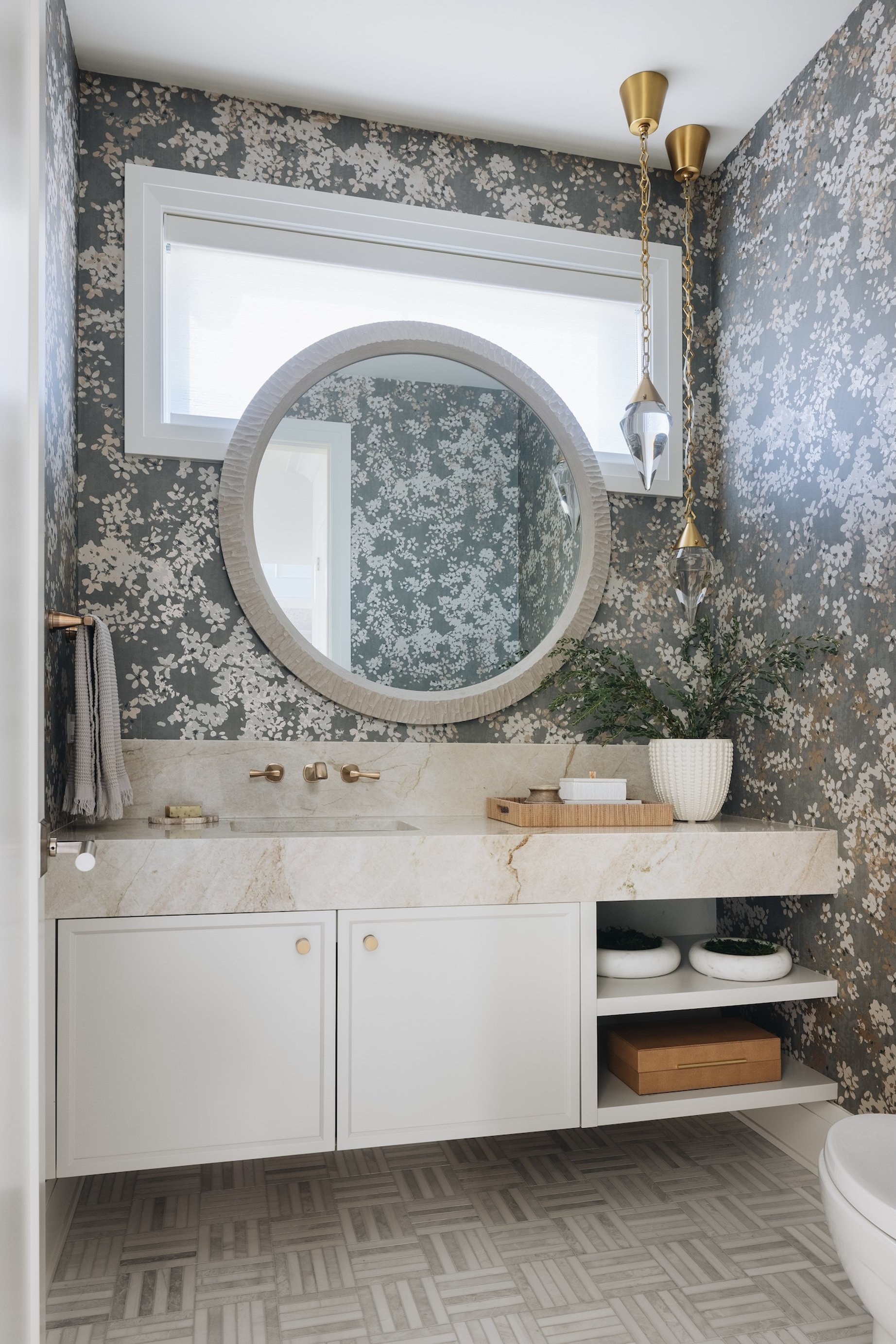 Dawn Reeves Design Luxury Interior Design Chicago Illinois Hinsdale Powder Bath Round Mirror Floral Wallpaper