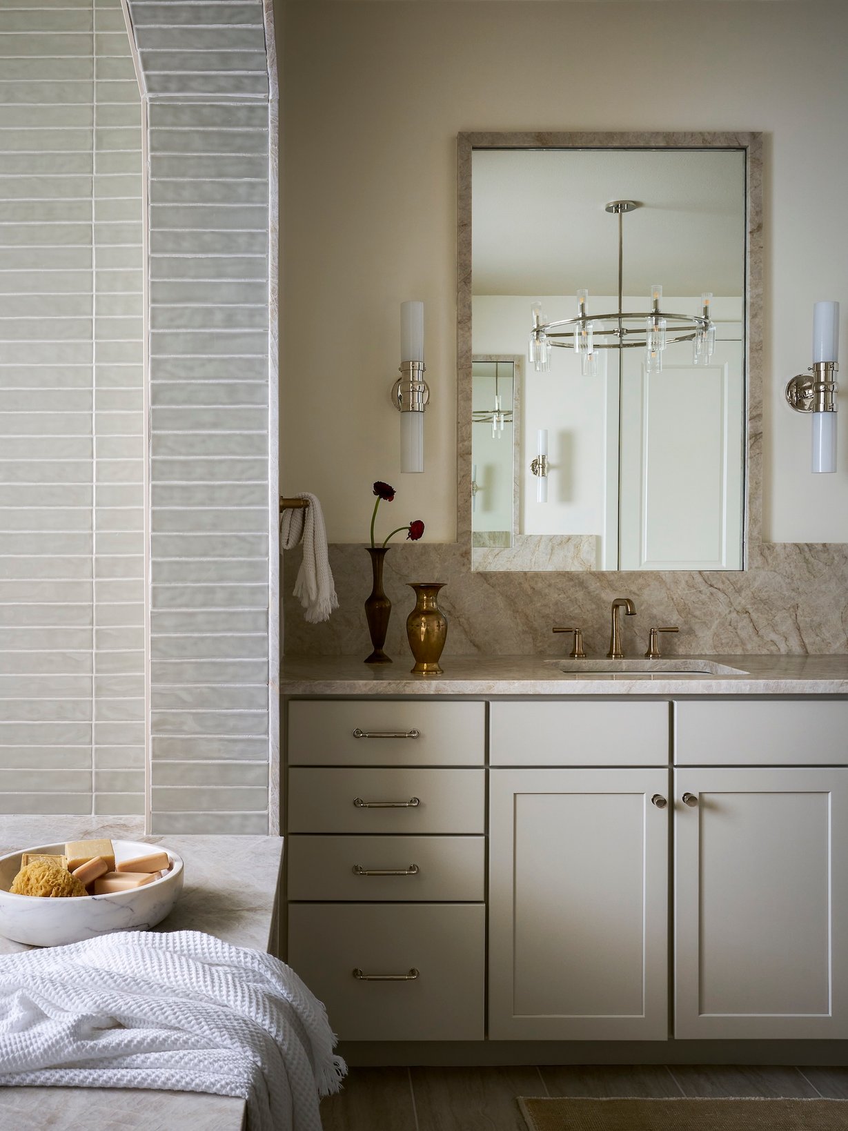 Dawn Reeves Design Luxury Interior Design Chicago Illinois Lake Geneva Primary Bath Vanity Brass Vases Mirror