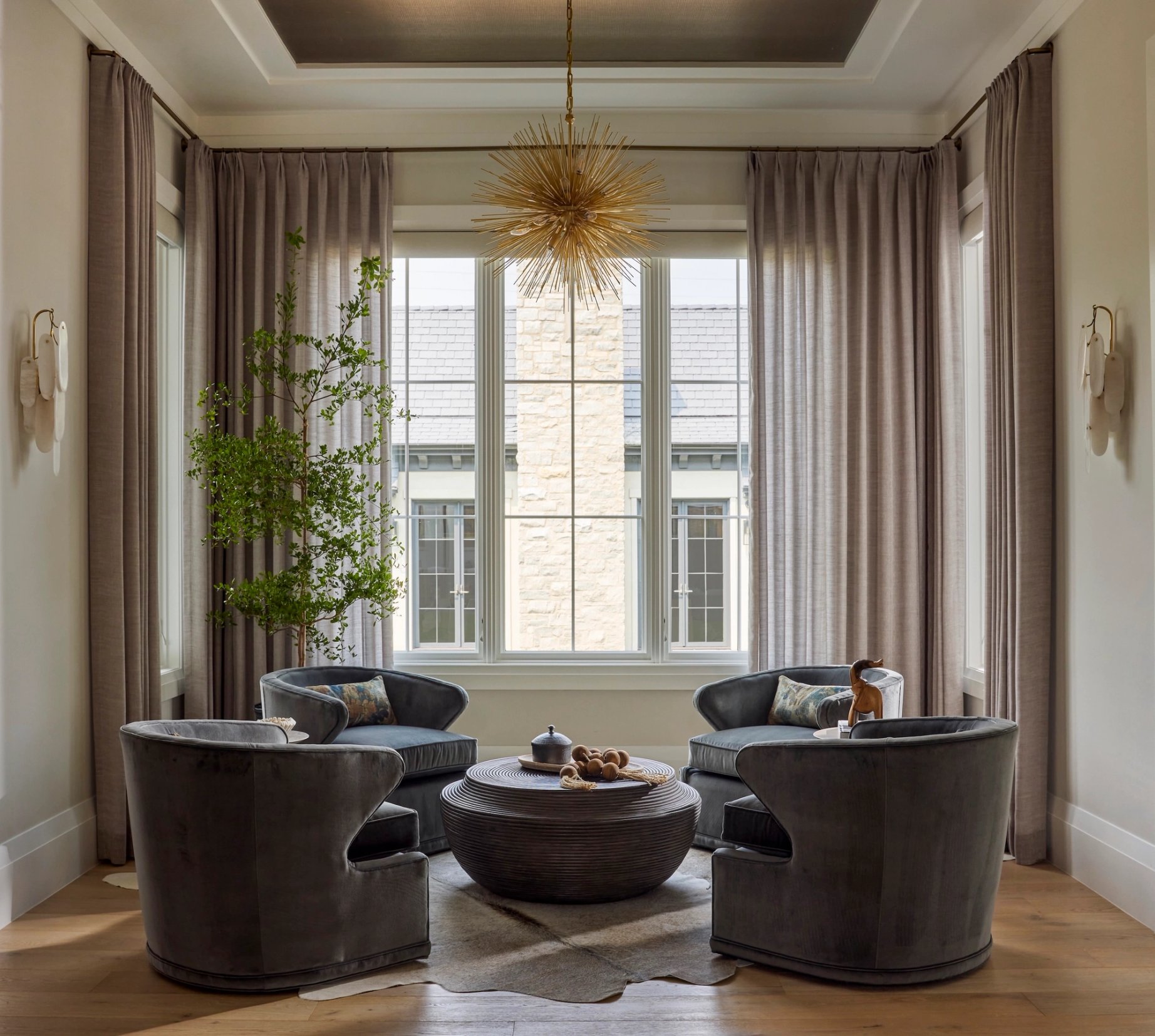 Dawn Reeves Design Luxury Interior Design Chicago Illinois Kenilworth II Sitting Room Starburst Chandelier Swivels