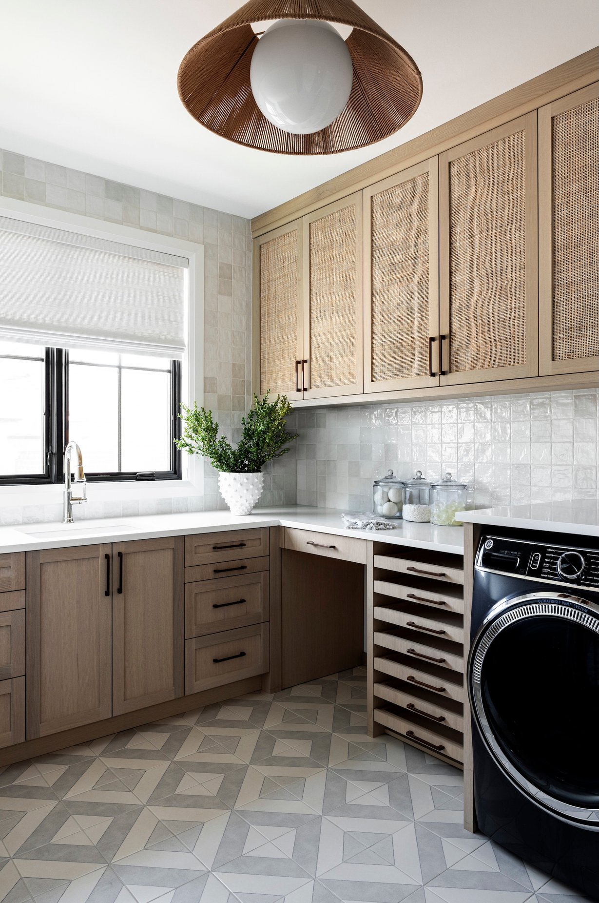 Dawn Reeves Design Luxury Interior Design Chicago Illinois Vallette Laundry Woven Cabinets Basket Pendant