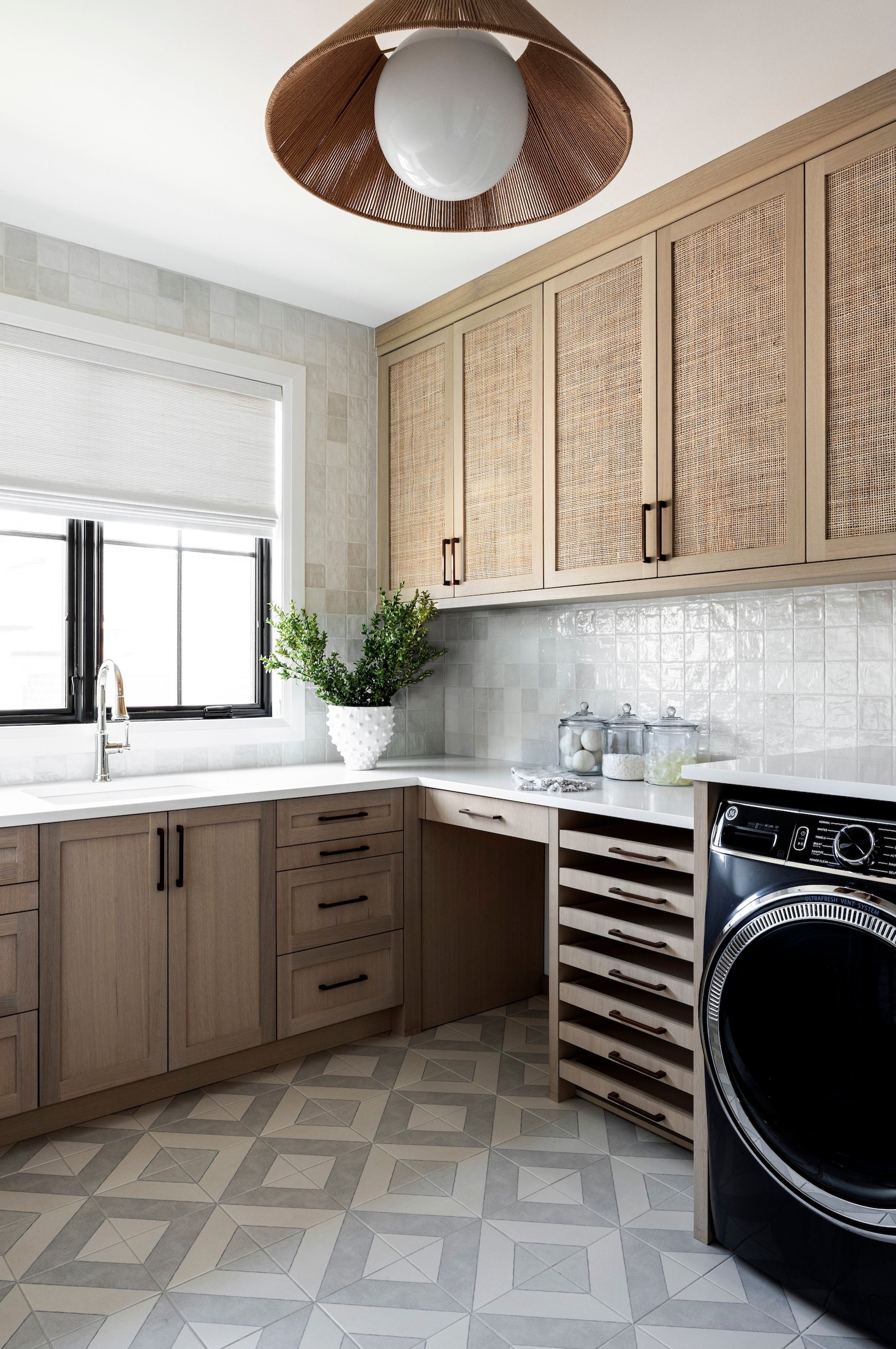 Dawn Reeves Design Luxury Interior Design Chicago Illinois Vallette Laundry Woven Cabinets Basket Pendant