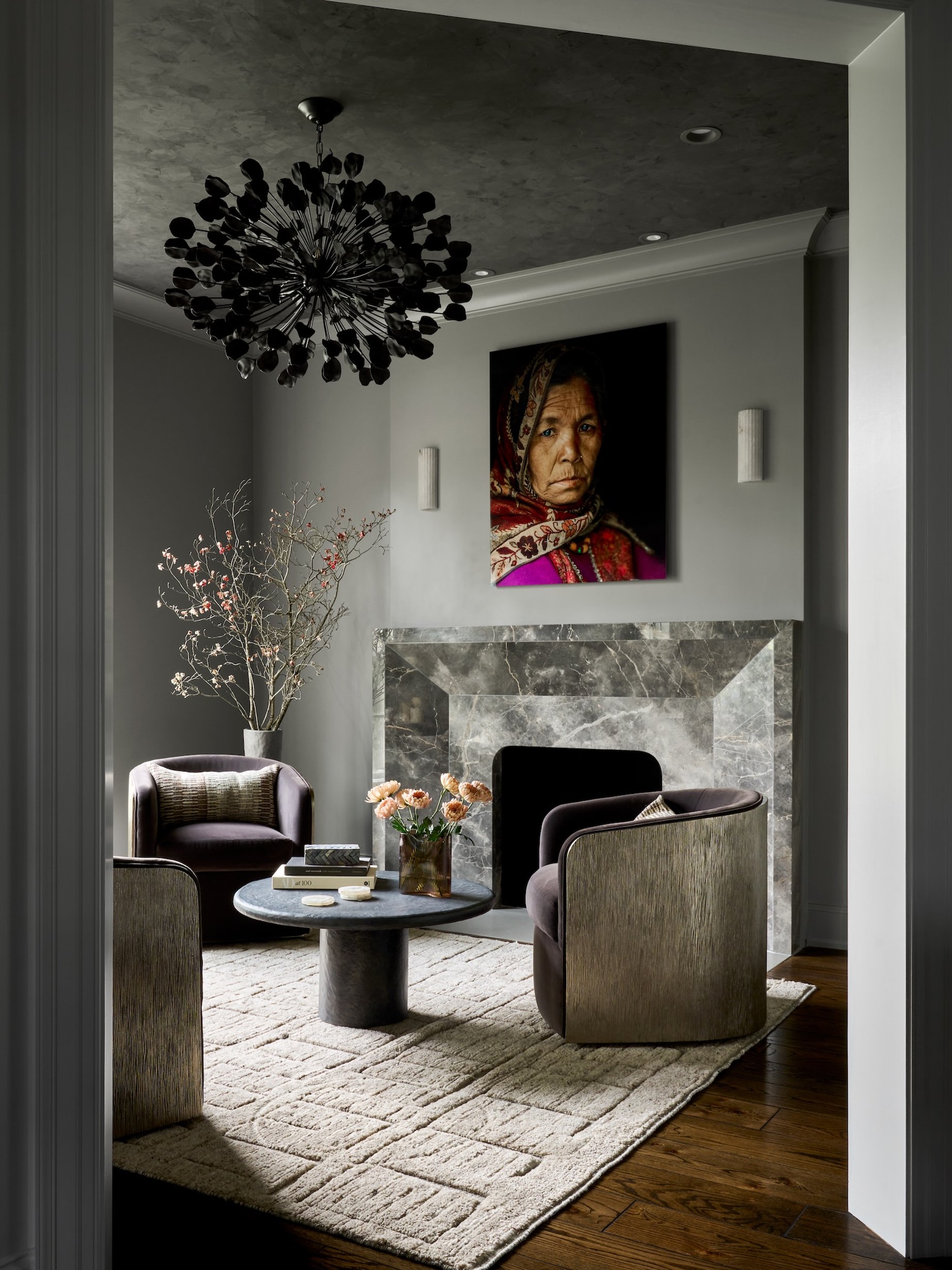 Dawn Reeves Design Luxury Interior Design Chicago Illinois North Shore Home Sitting Room With Fireplace And Portrait
