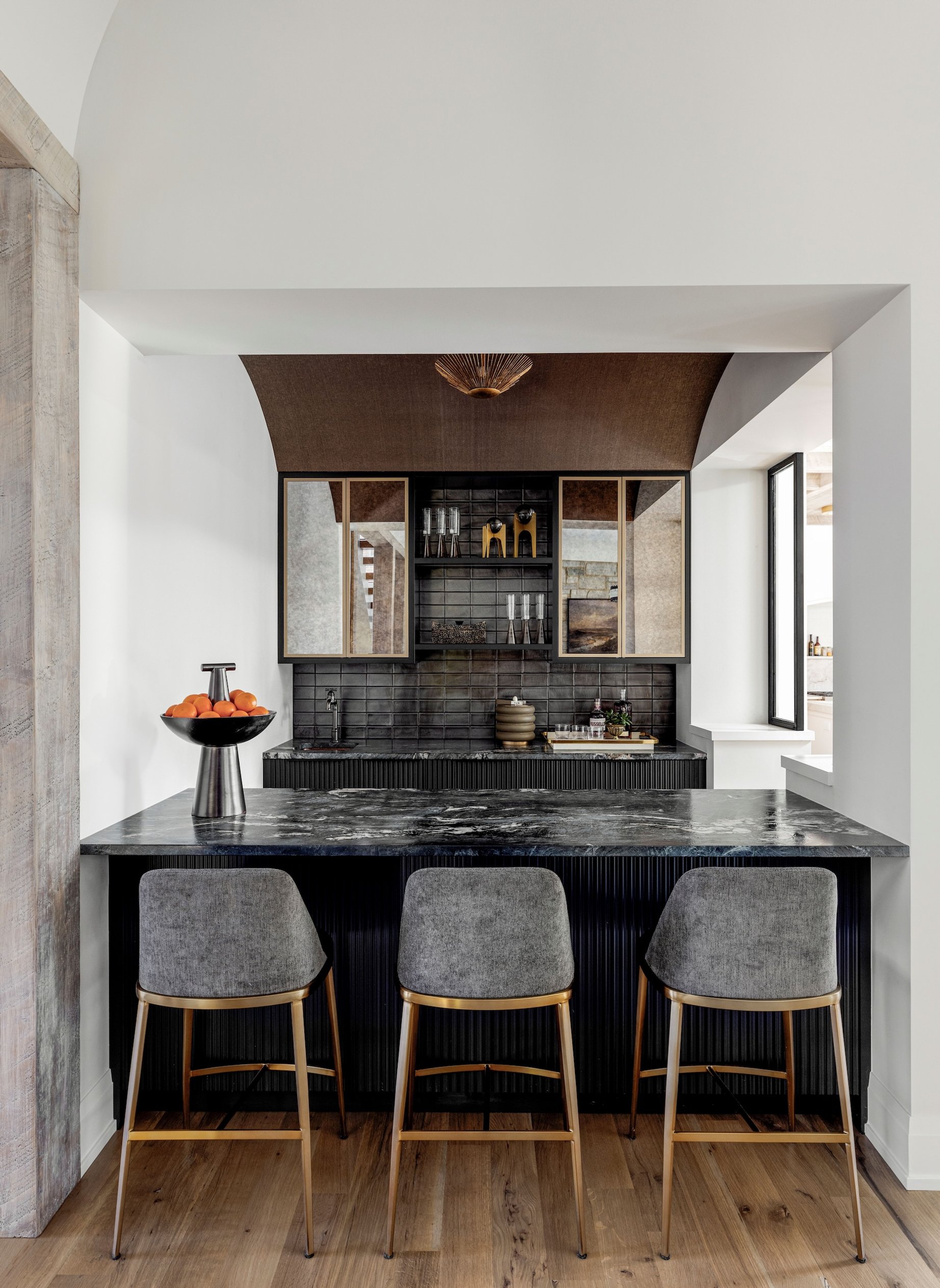 Dawn Reeves Design Luxury Interior Design Chicago Illinois Vallette Bar Dark Cabinets Mirrored Uppers