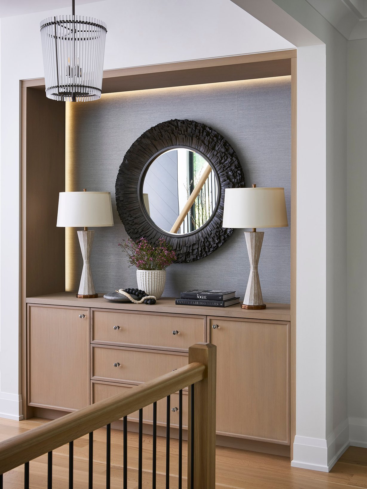Dawn Reeves Design Luxury Interior Design Chicago Illinois Fairview Hallway Sideboard Round Mirror