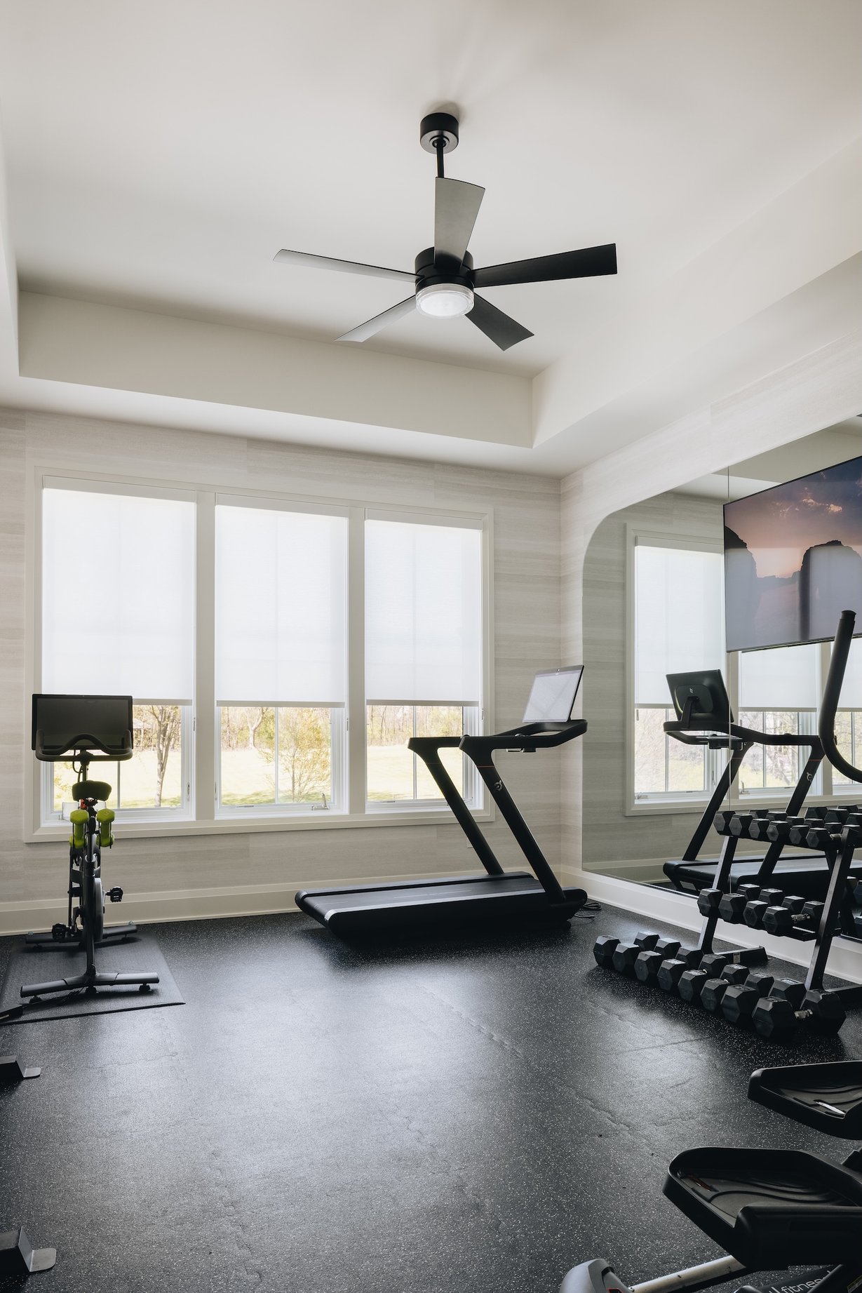 Dawn Reeves Design Luxury Interior Design Chicago Illinois Hinsdale Home Gym Treadmill Bike Dumbbells