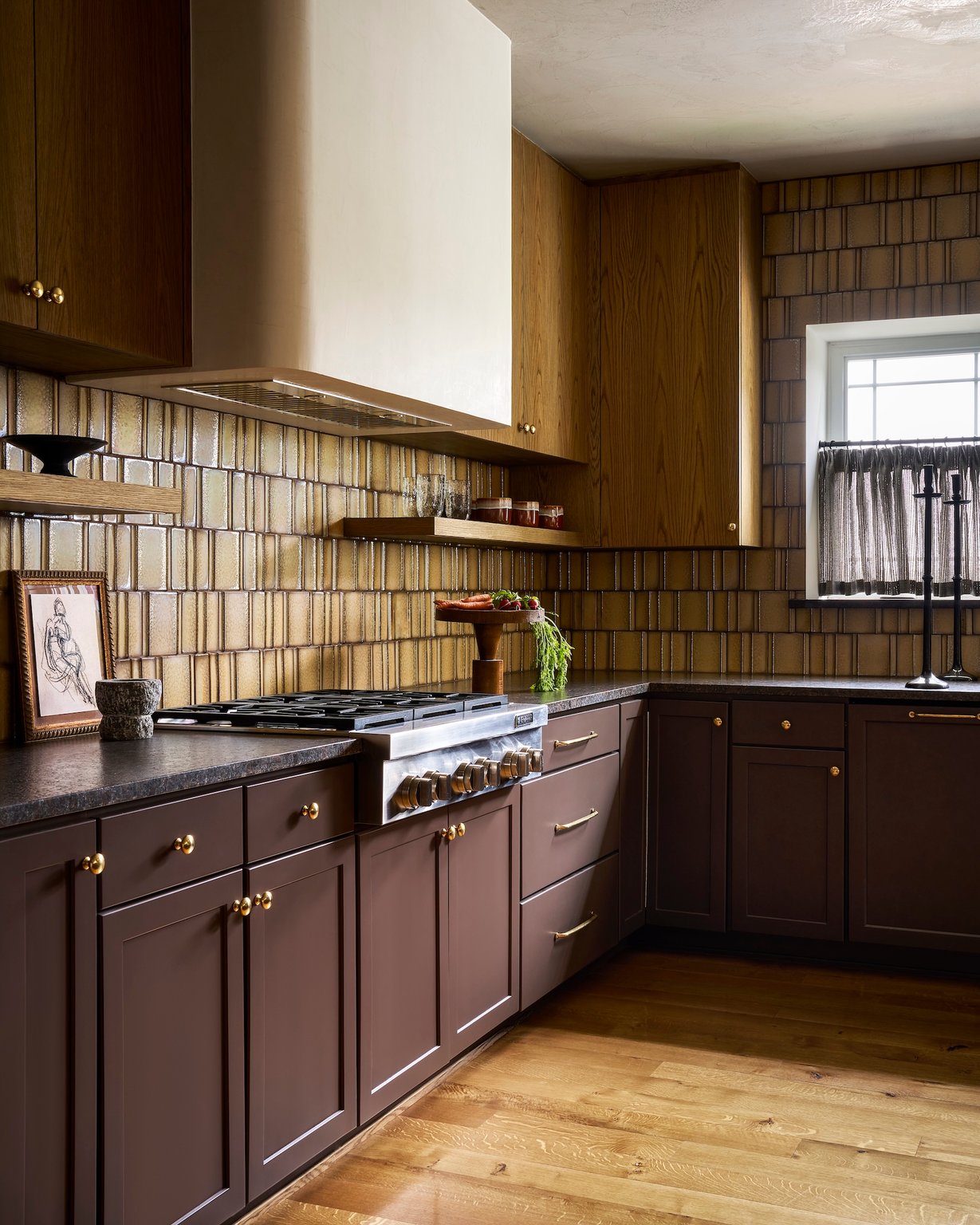 Dawn Reeves Design Luxury Interior Design Chicago Illinois Lake Geneva Kitchen Range Tile Backsplash Wood Hood