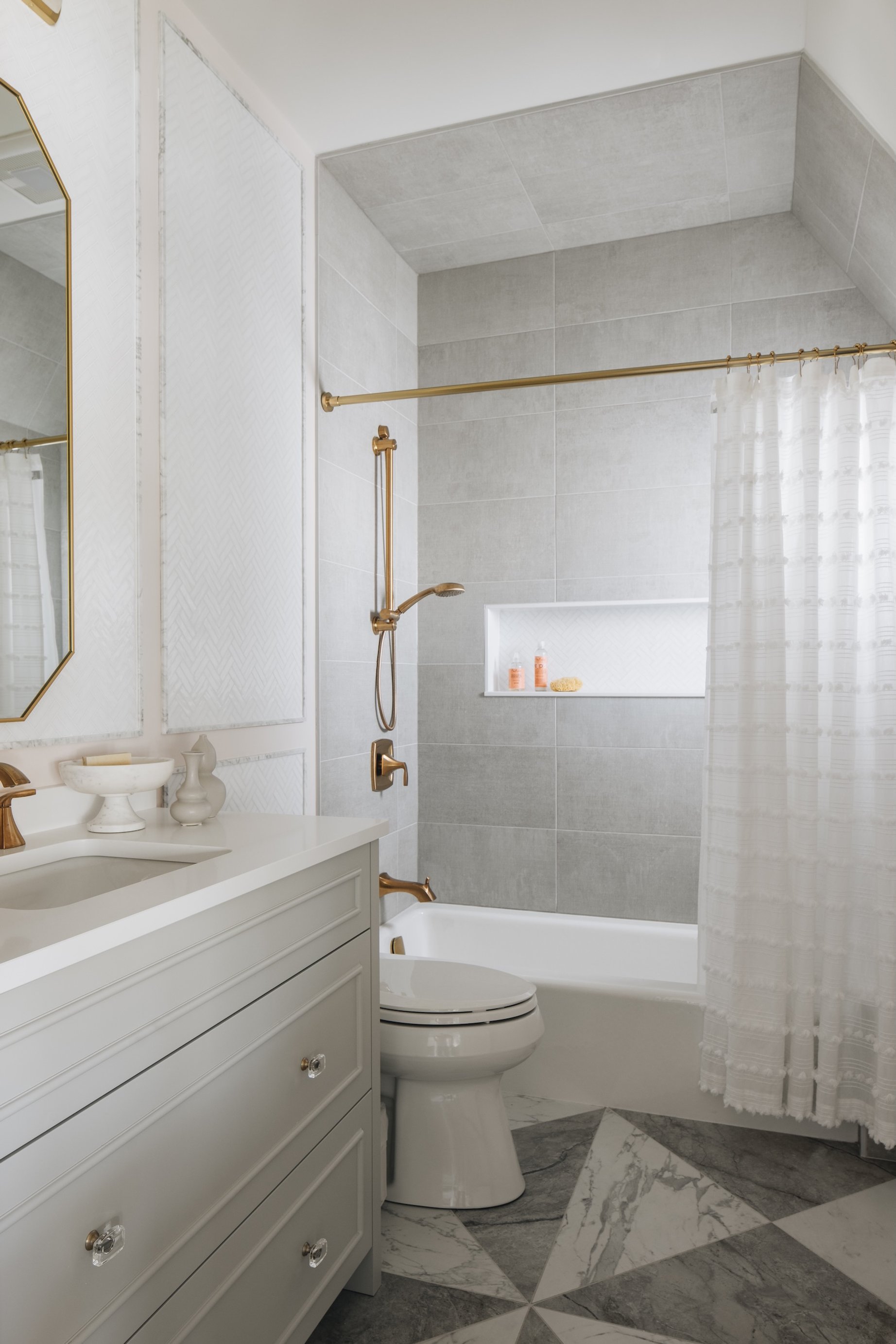Dawn Reeves Design Luxury Interior Design Chicago Illinois Hinsdale Bath Tub Shower Brass Fixtures