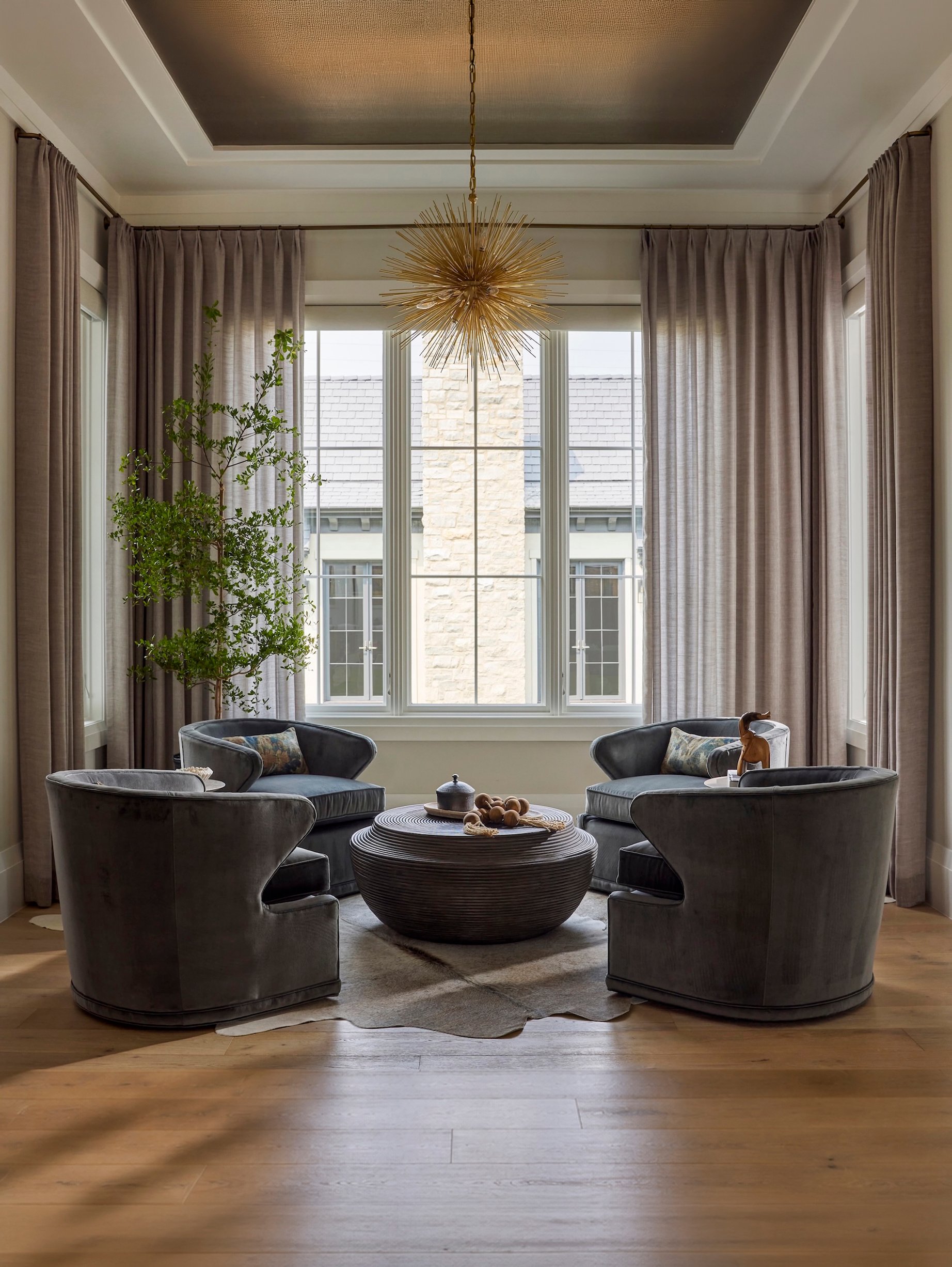 Dawn Reeves Design Luxury Interior Design Chicago Illinois Kenilworth II Sitting Room Starburst Chandelier Swivels