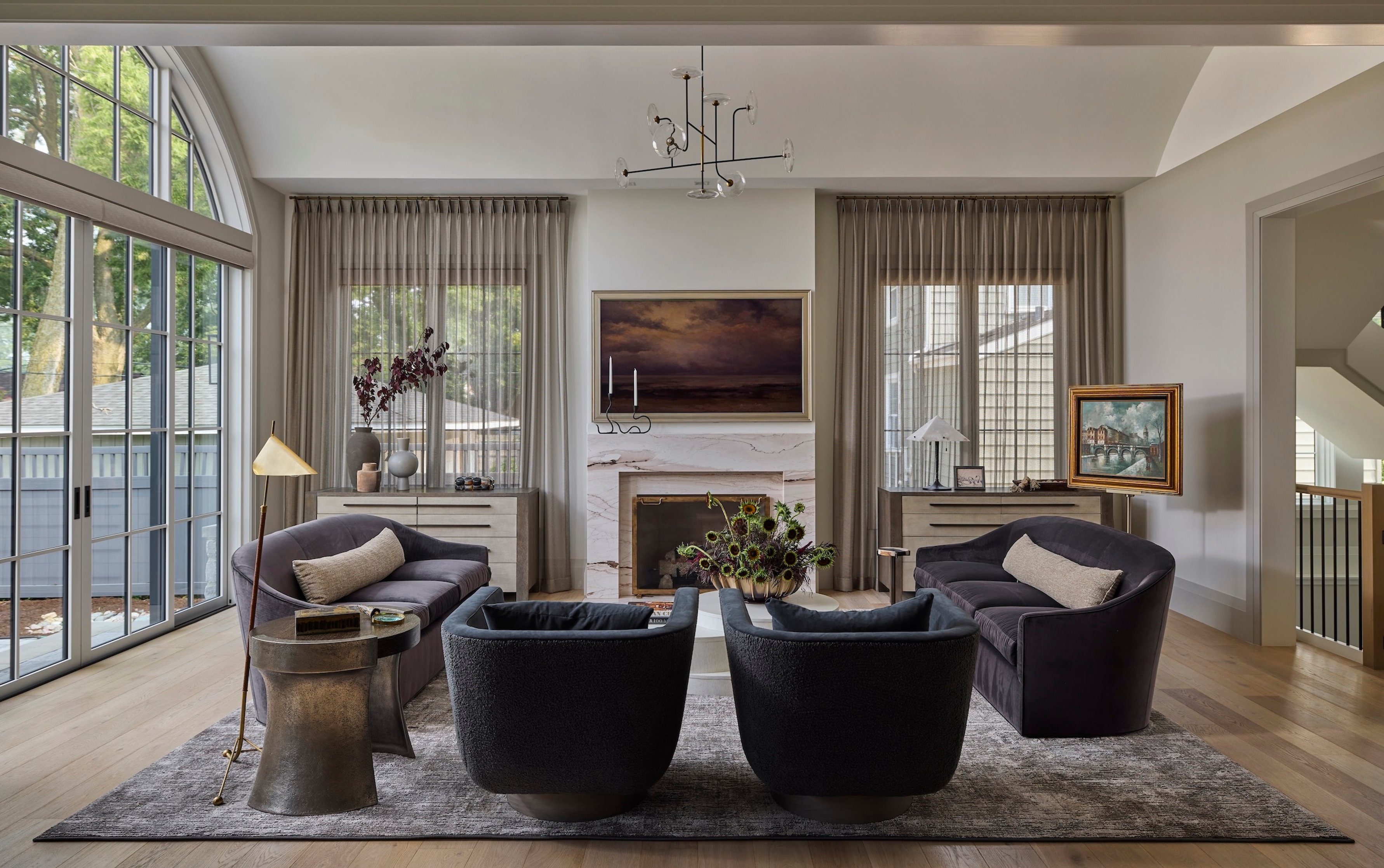 Dawn Reeves Design Luxury Interior Design Chicago Illinois Kenilworth II Living Room Arched Window Marble Fireplace