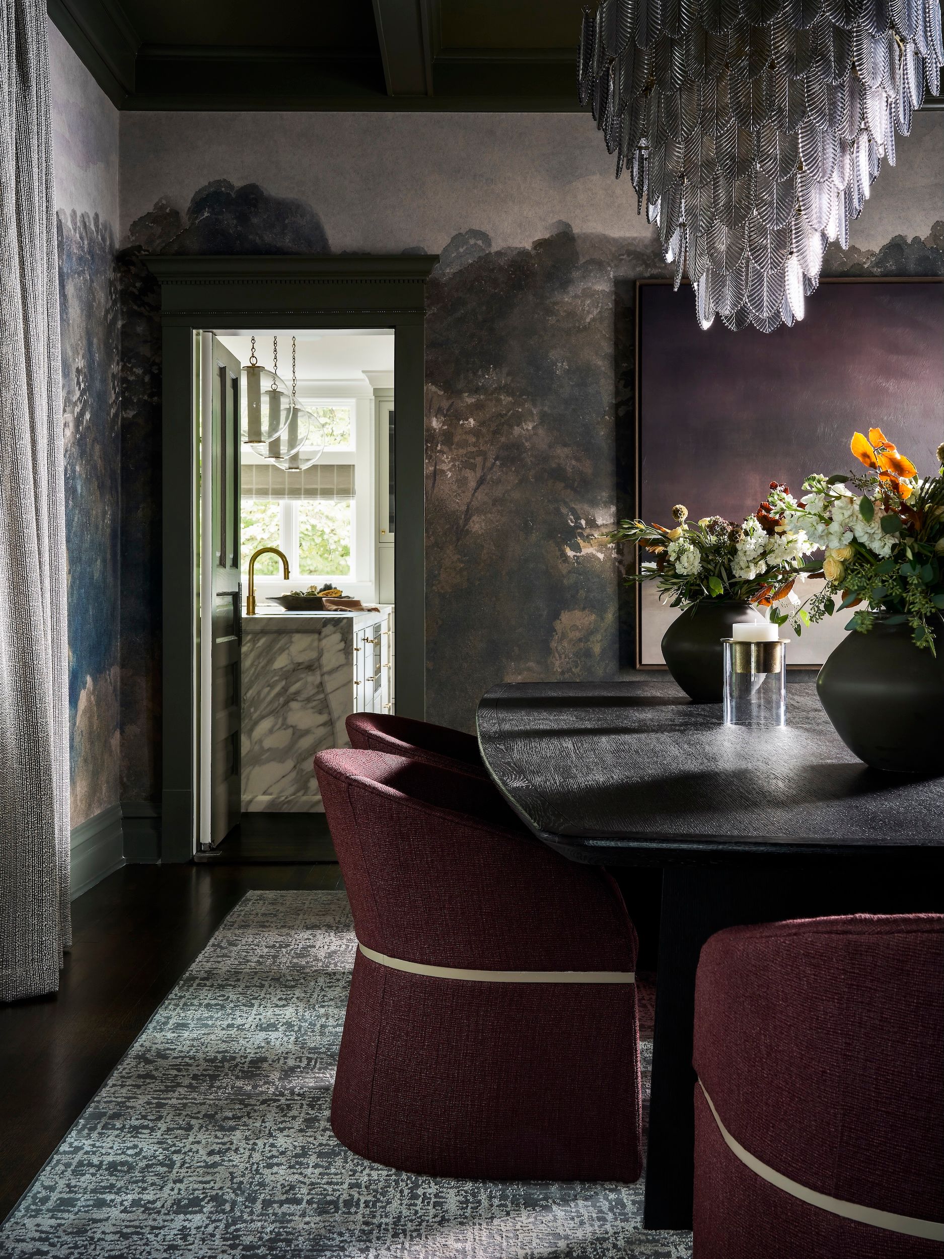 Dawn Reeves Design Luxury Interior Design Chicago Illinois Dark Dining Room Mural Wallpaper Burgundy Chairs