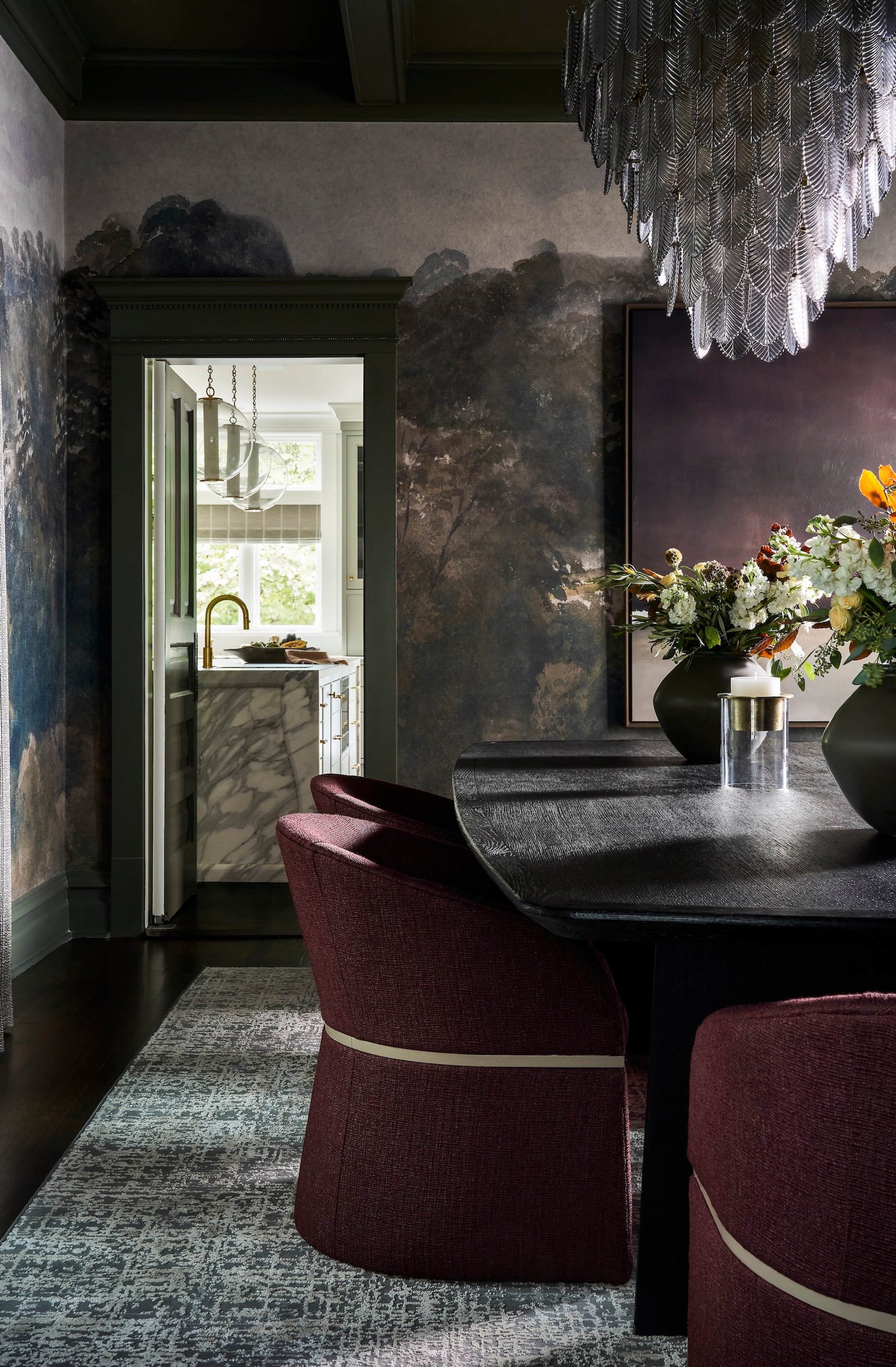 Dawn Reeves Design Luxury Interior Design Chicago Illinois Dark Dining Room Mural Wallpaper Burgundy Chairs