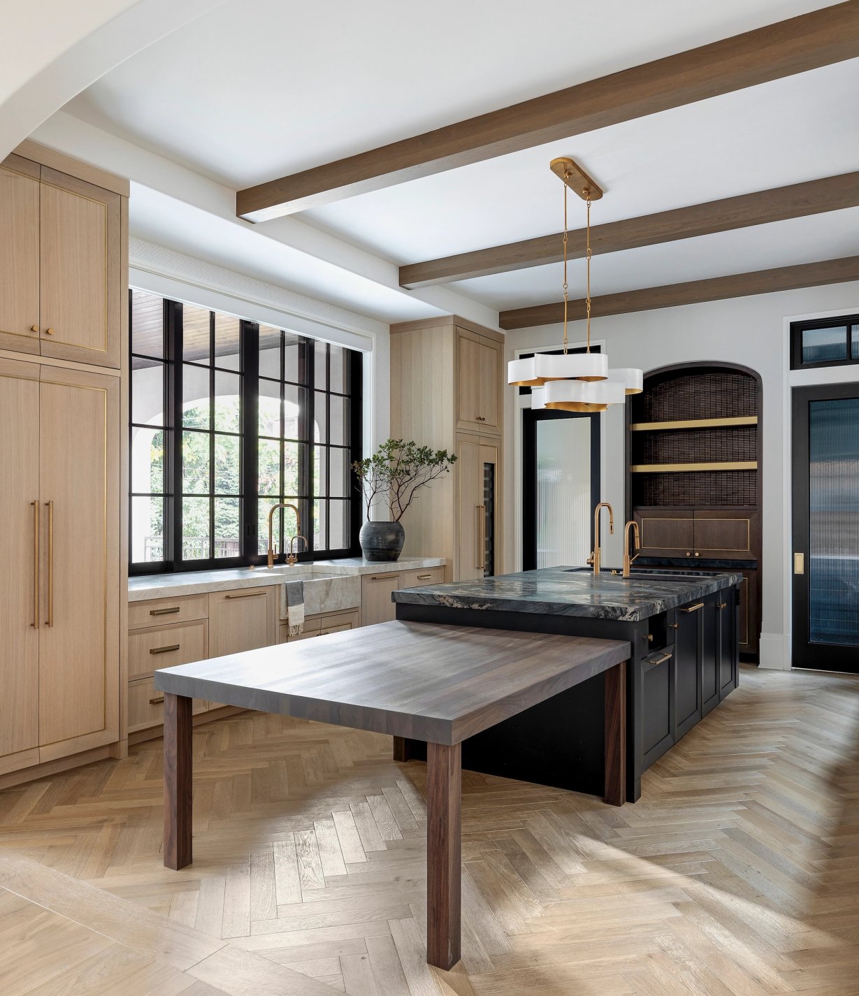 Dawn Reeves Design Luxury Interior Design Chicago Illinois Erie Kitchen Wide View Beams