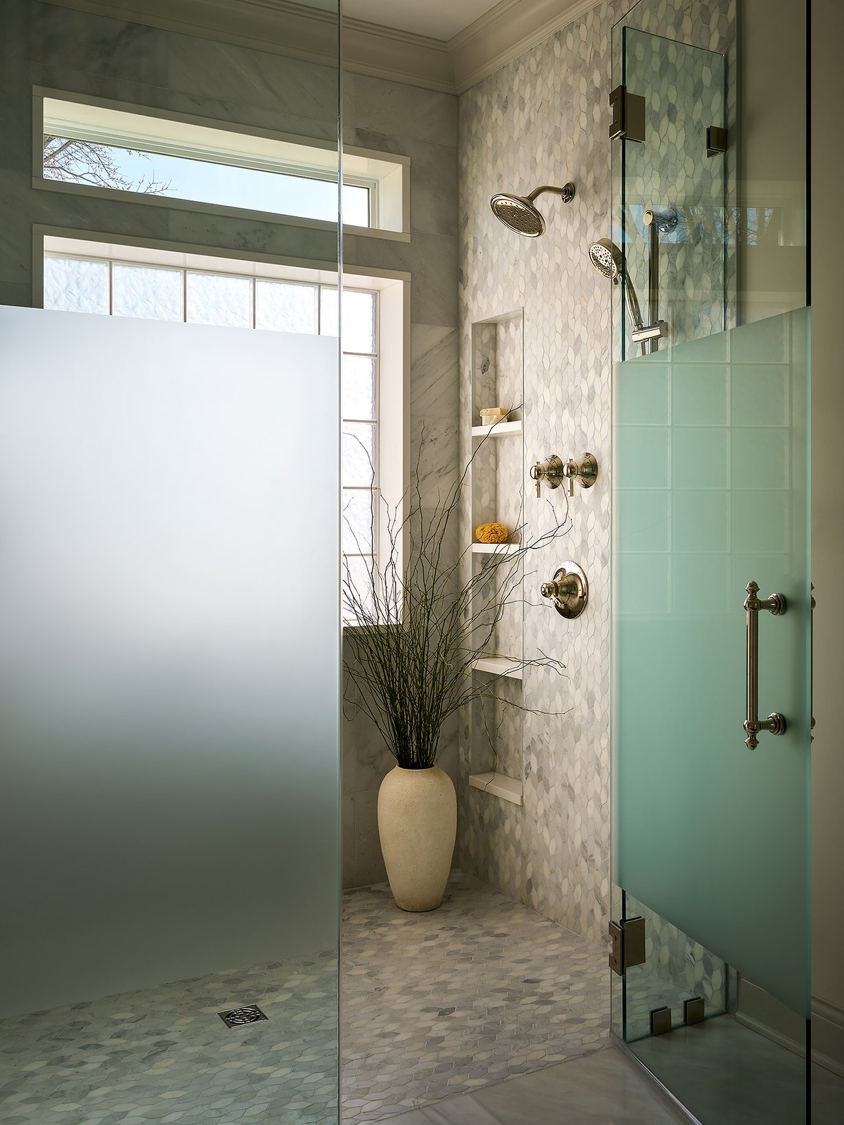 Dawn Reeves Design Luxury Interior Design Chicago Illinois Melrose Primary Shower Marble Frosted Partition
