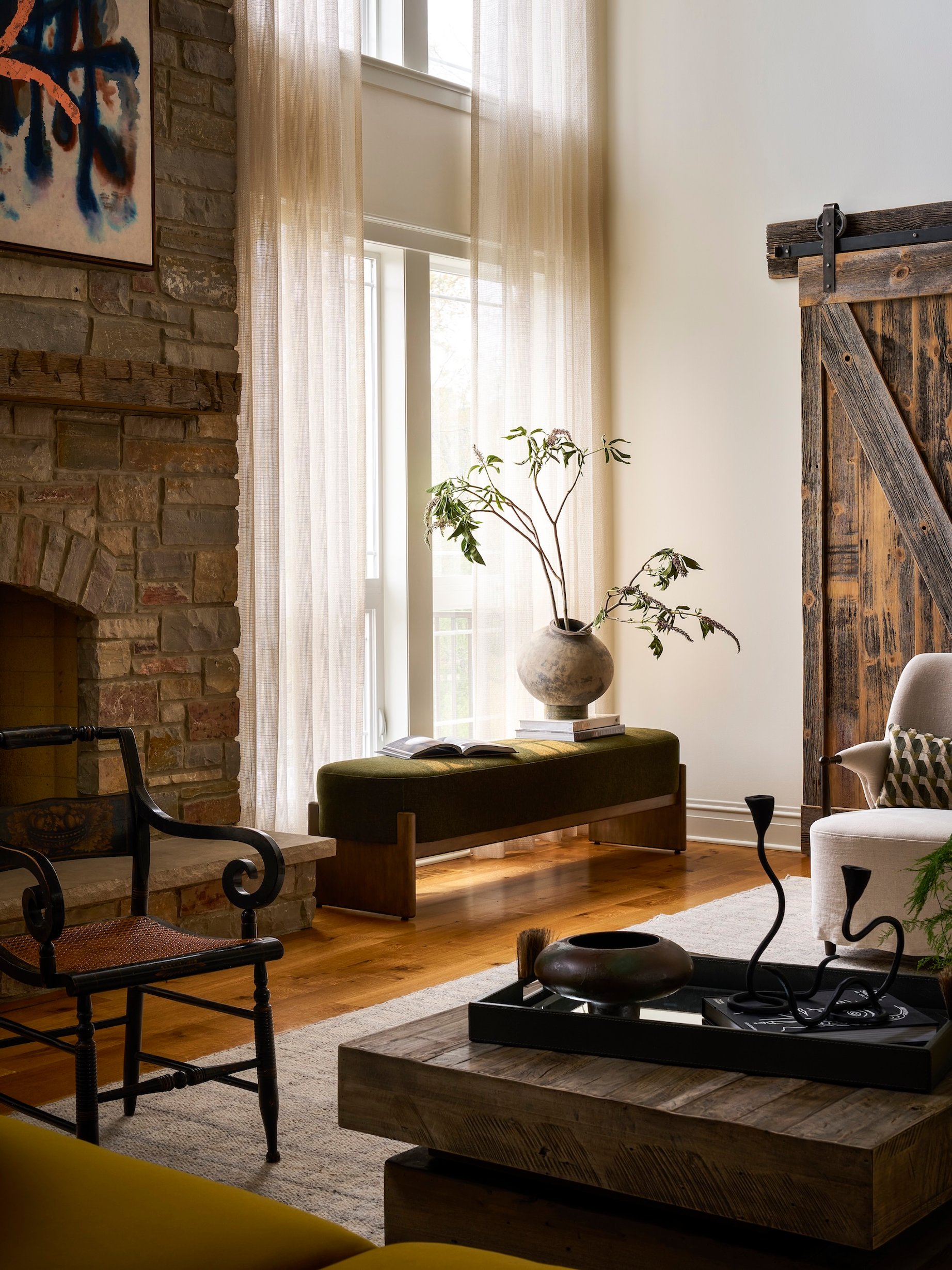 Dawn Reeves Design Luxury Interior Design Chicago Illinois Lake Geneva Living Room Fireplace Sheer Curtains Barn Door