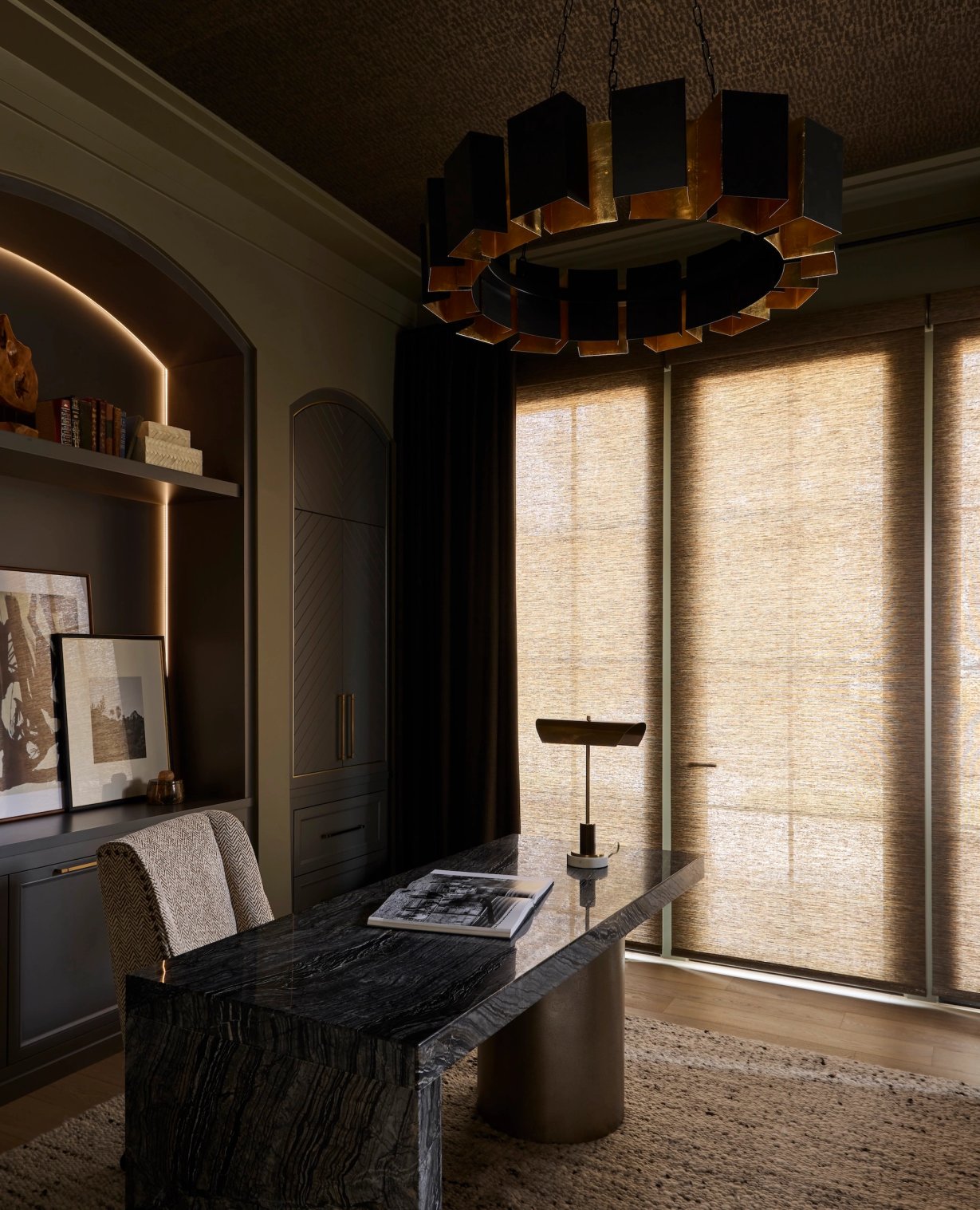 Dawn Reeves Design Luxury Interior Design Chicago Illinois Kenilworth II Office Desk Window Brass Chandelier