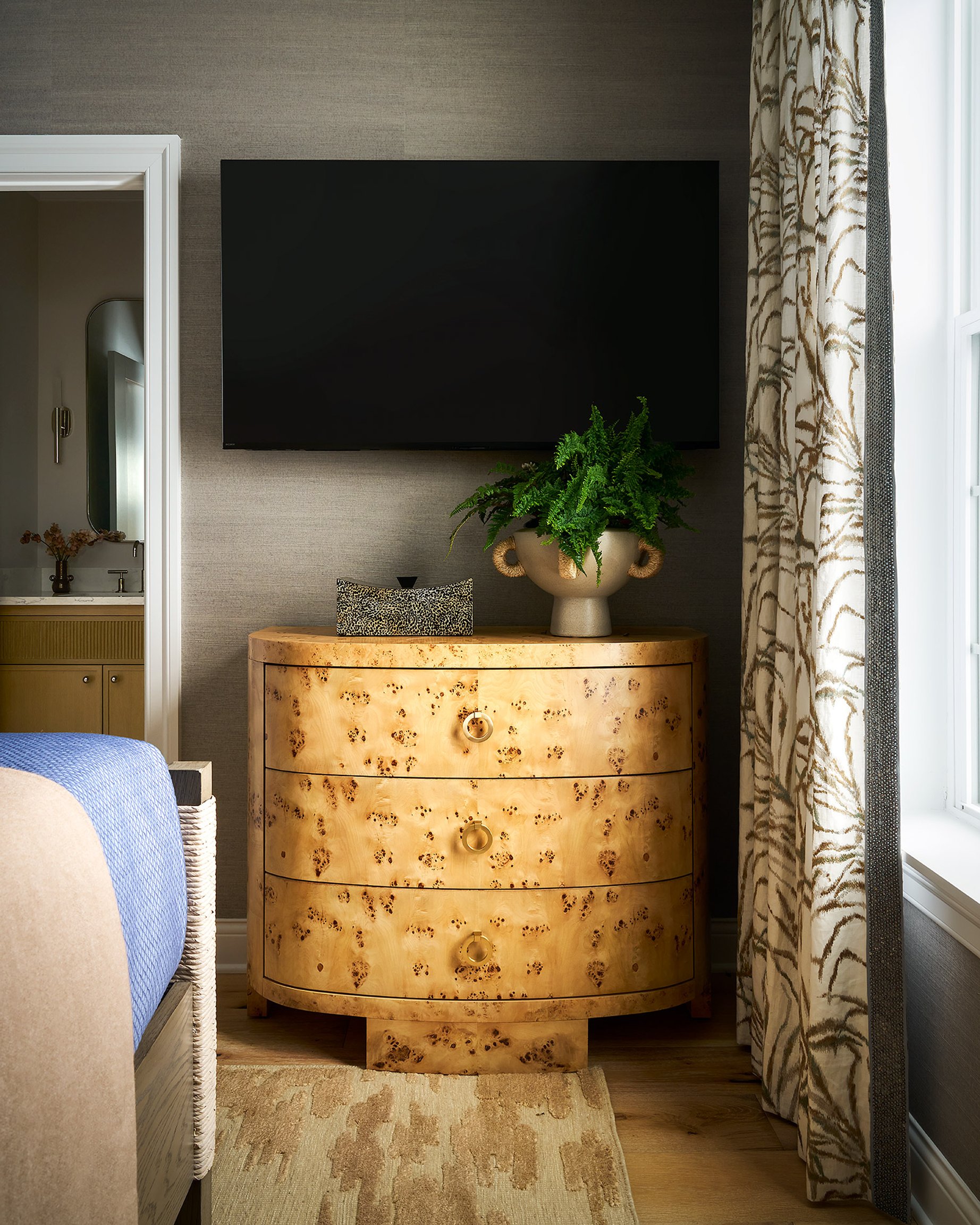 Dawn Reeves Design Luxury Interior Design Chicago Illinois Melrose Bedroom Burl Wood Chest TV