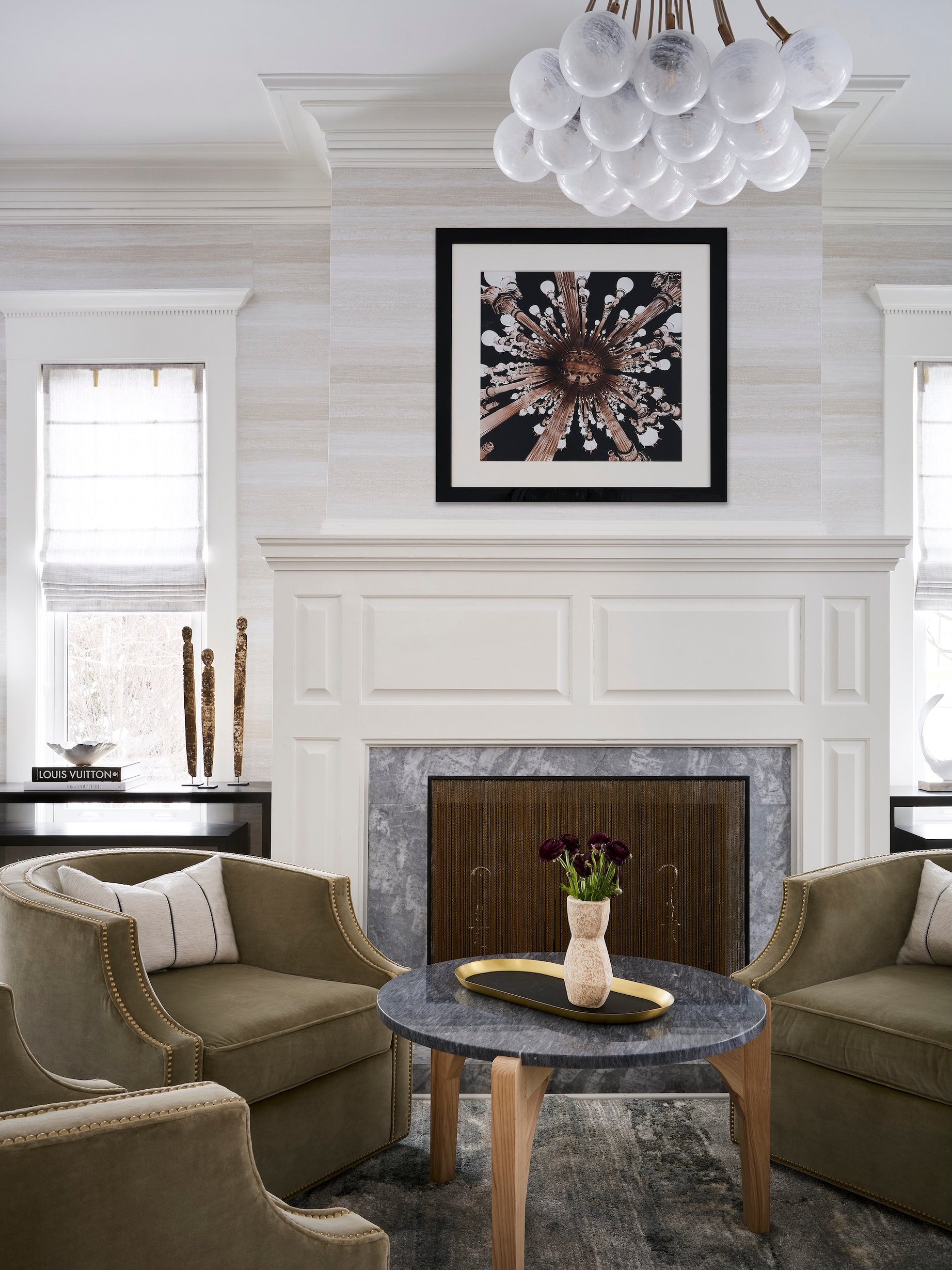 Dawn Reeves Design Luxury Interior Design Chicago Illinois Lincoln Living Room Bubble Chandelier Fireplace