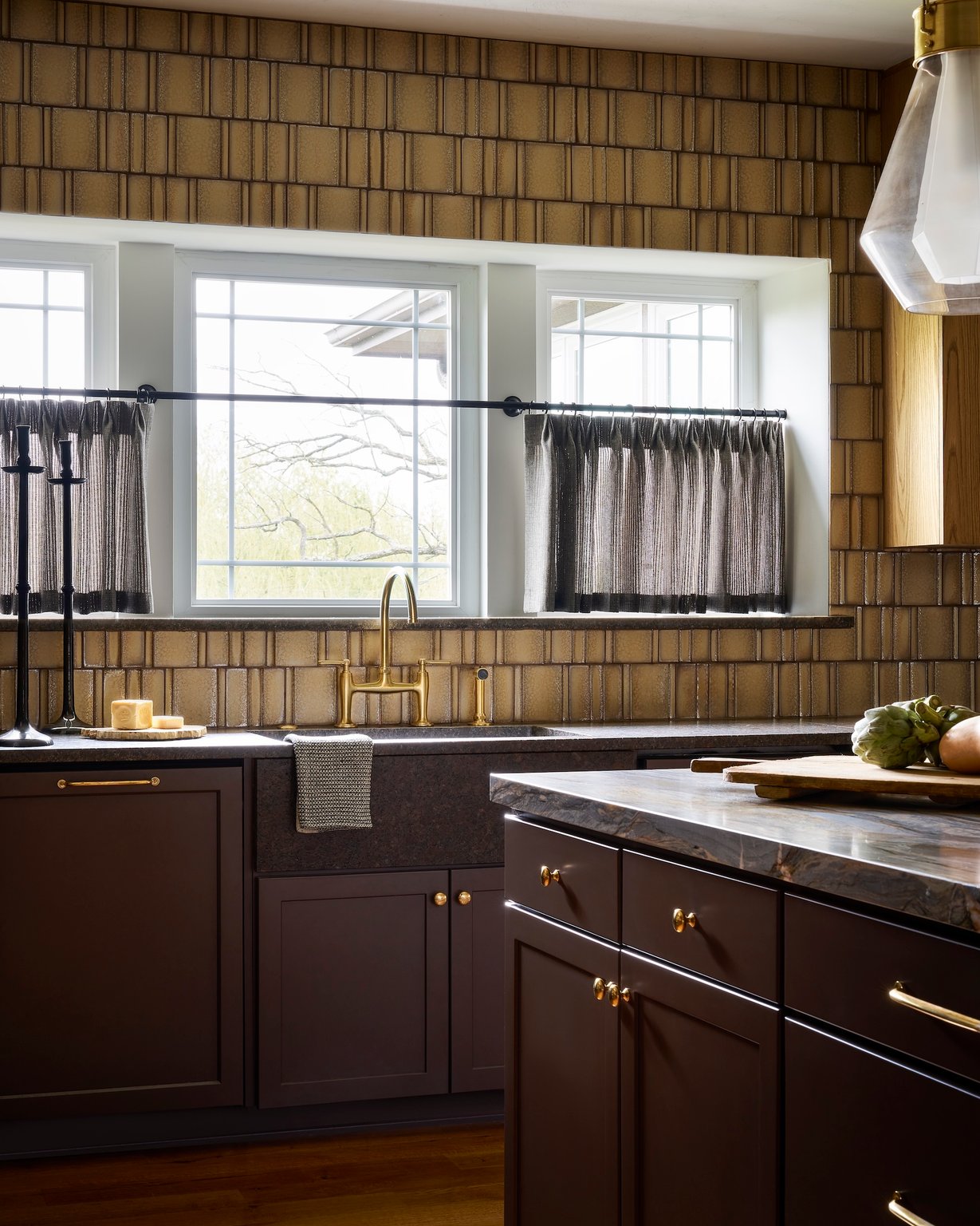 Dawn Reeves Design Luxury Interior Design Chicago Illinois Lake Geneva Kitchen Sink Window Brass Faucet Curtains
