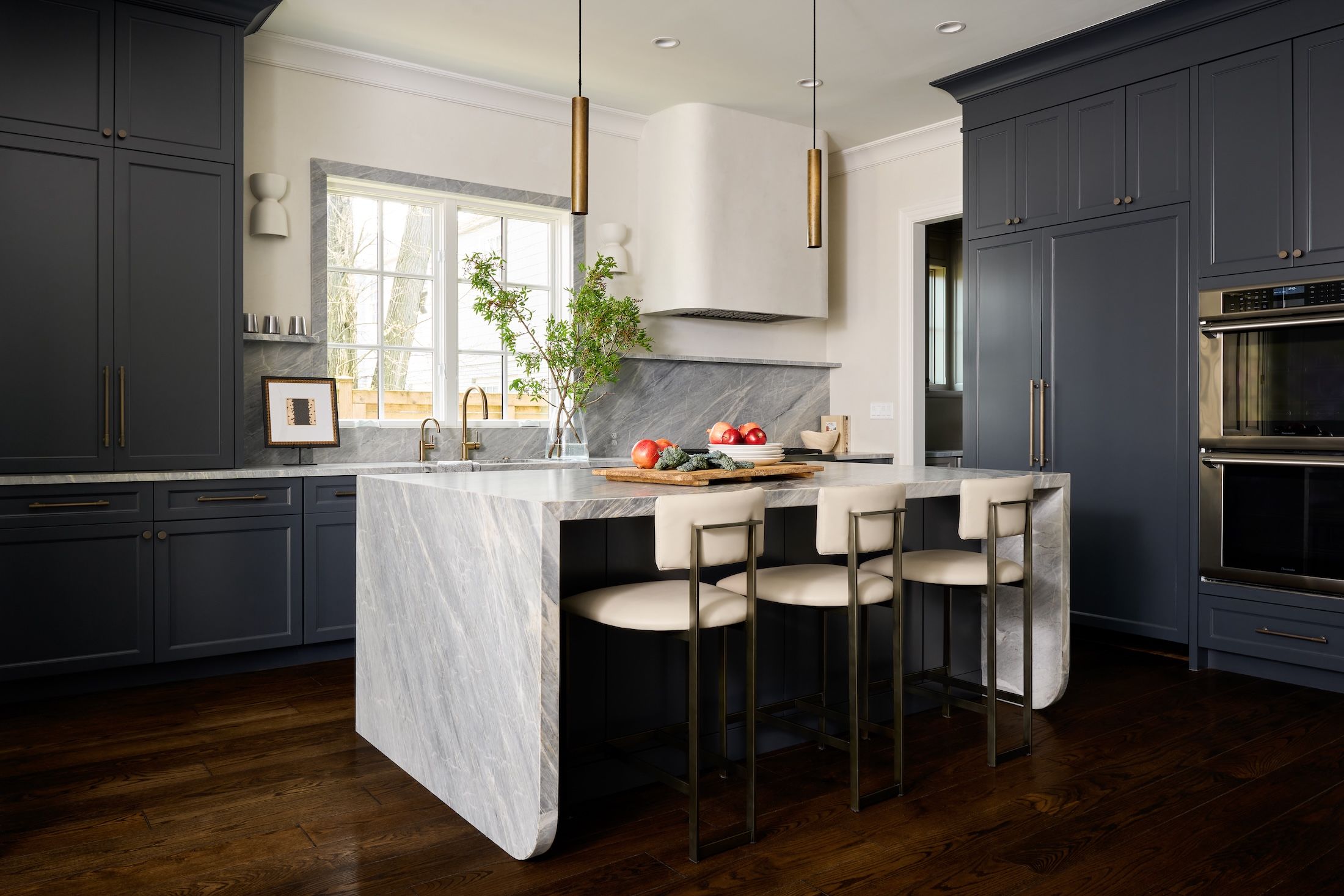 Dawn Reeves Design Luxury Interior Design Chicago Illinois North Shore Home Kitchen Island With Marble Waterfall