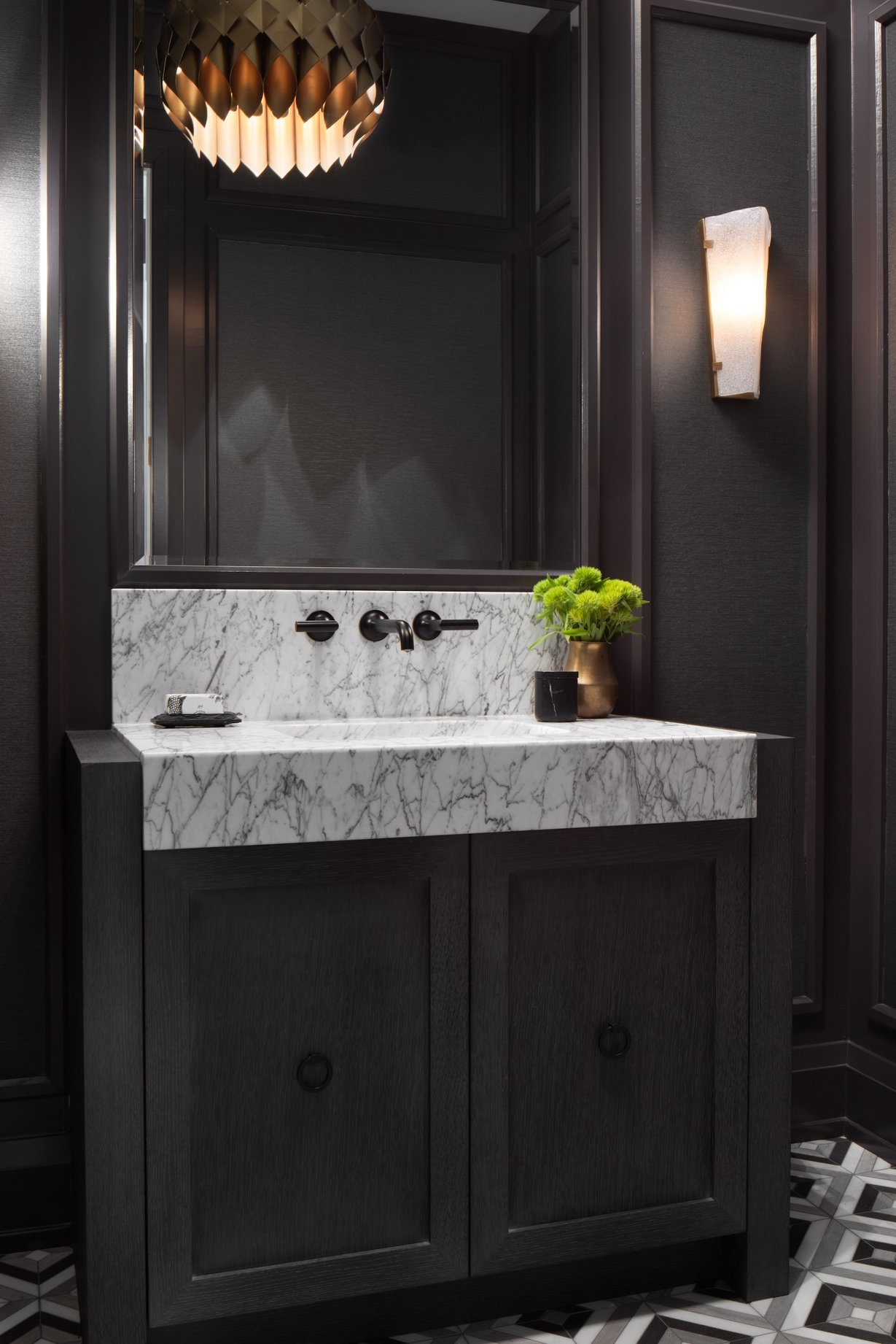 Dawn Reeves Design Luxury Interior Design Chicago Illinois Kenilworth 1 Powder Room Marble Sink Artichoke Pendant
