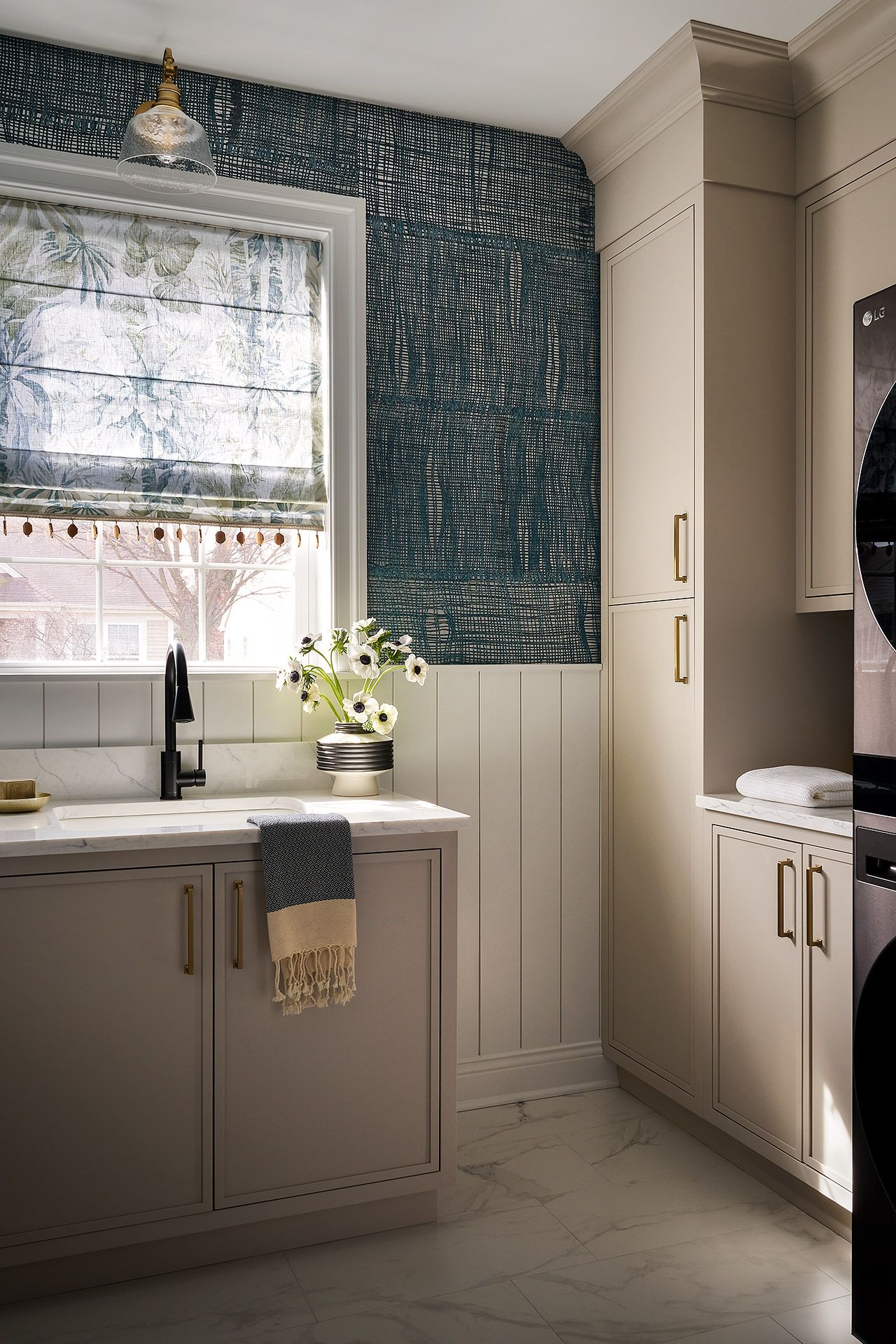 Dawn Reeves Design Luxury Interior Design Chicago Illinois Melrose Laundry Teal Wallpaper Sink