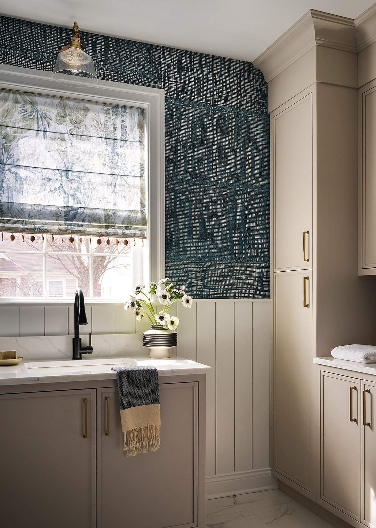 Dawn Reeves Design Luxury Interior Design Chicago Illinois Melrose Laundry Teal Wallpaper Sink
