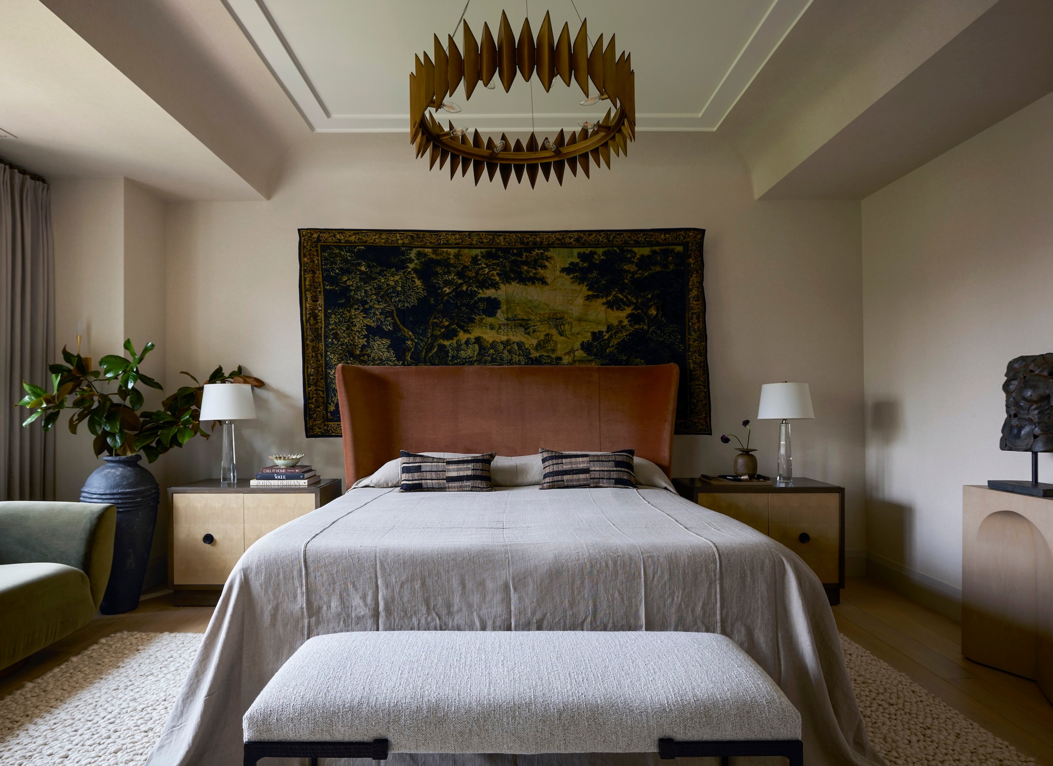 Dawn Reeves Design Luxury Interior Design Chicago Illinois Kenilworth II Primary Bedroom Crown Chandelier Wide