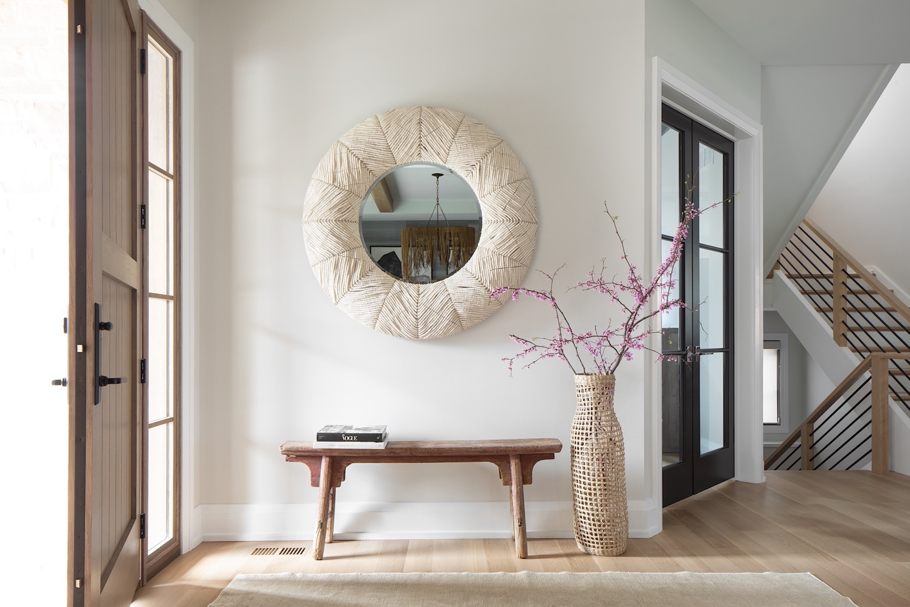 Dawn Reeves Design Luxury Interior Design Chicago Illinois Kenilworth I Dawn Reeves Design Luxury Interior Design Chicago Illinois Kenilworth 1 Foyer Round Mirror Wood Bench