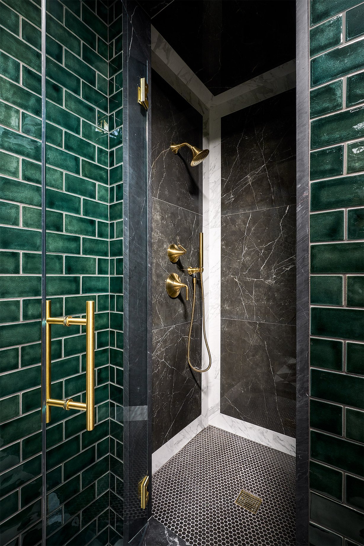Dawn Reeves Design Luxury Interior Design Chicago Illinois Lincoln Shower Green Tile Brass