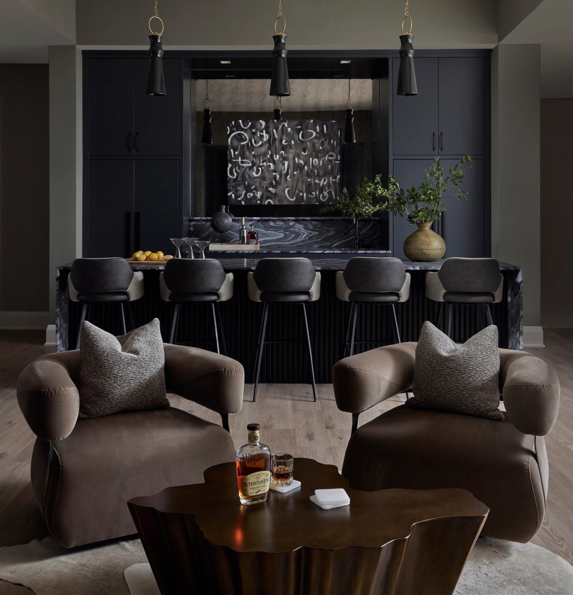 Dawn Reeves Design Luxury Interior Design Chicago Illinois Kenilworth II Bar Lounge Leather Chairs