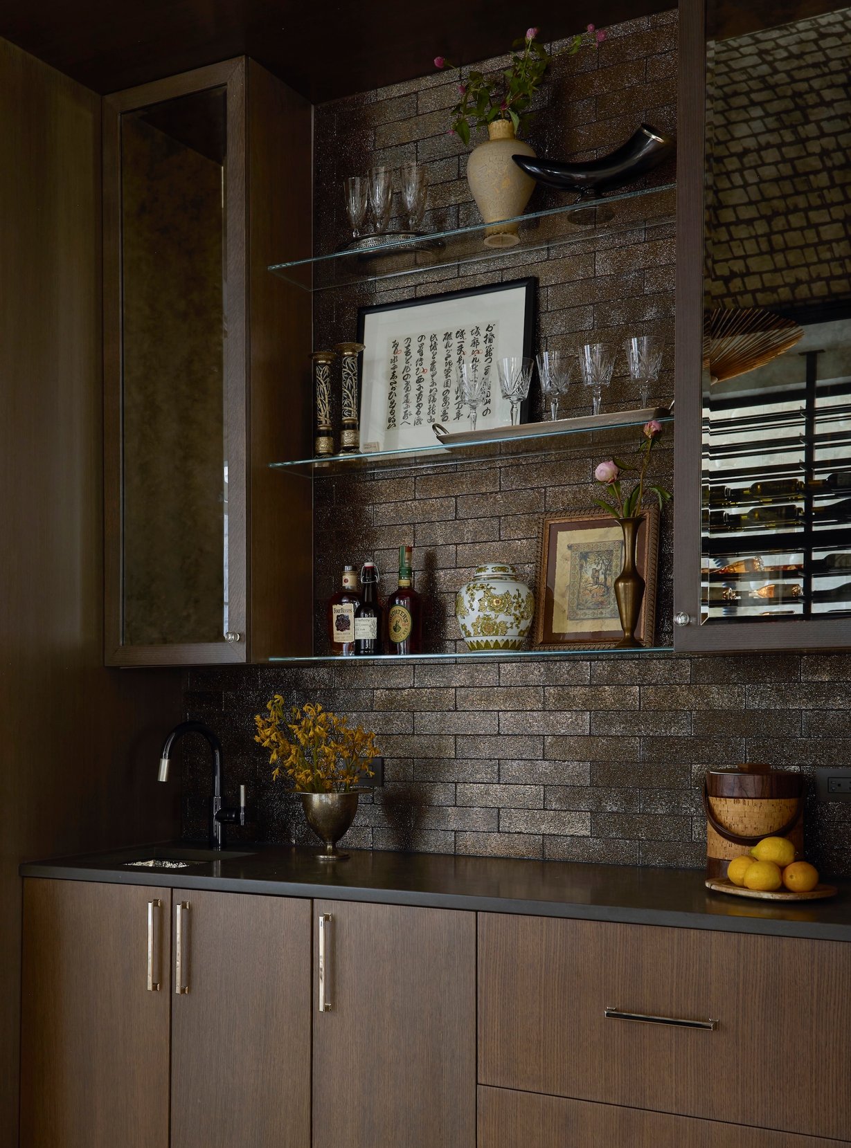 Dawn Reeves Design Luxury Interior Design Chicago Illinois Kenilworth II Bar Nook Bottles Shelves