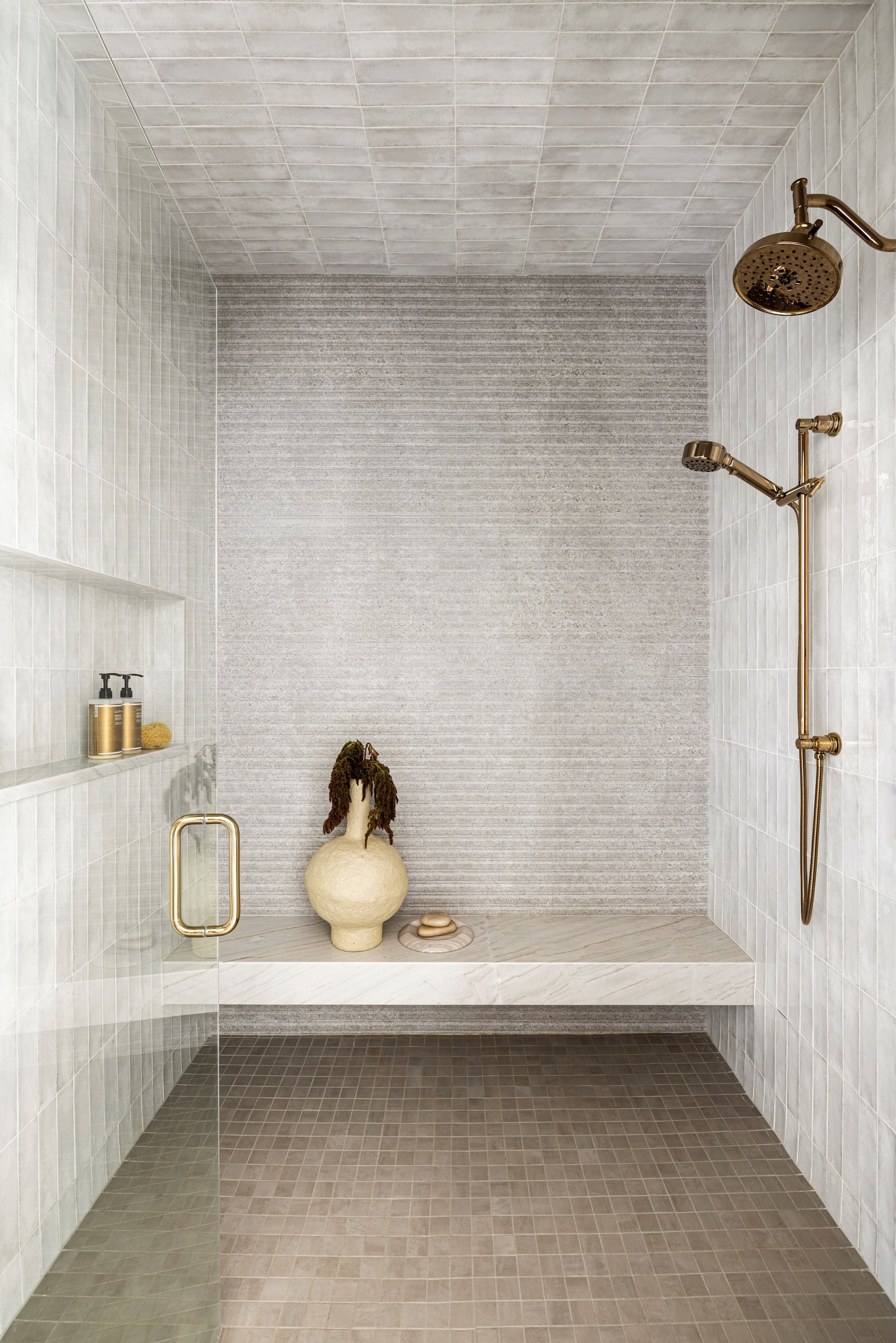 Dawn Reeves Design Luxury Interior Design Chicago Illinois Vallette Primary Shower Brass Bench