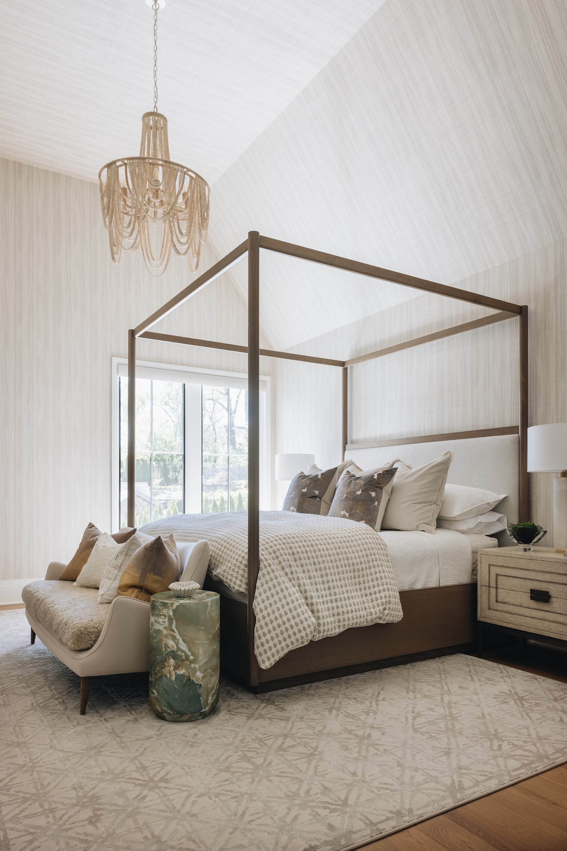 Dawn Reeves Design Luxury Interior Design Chicago Illinois Wilson Primary Bedroom Canopy Woven Chandelier