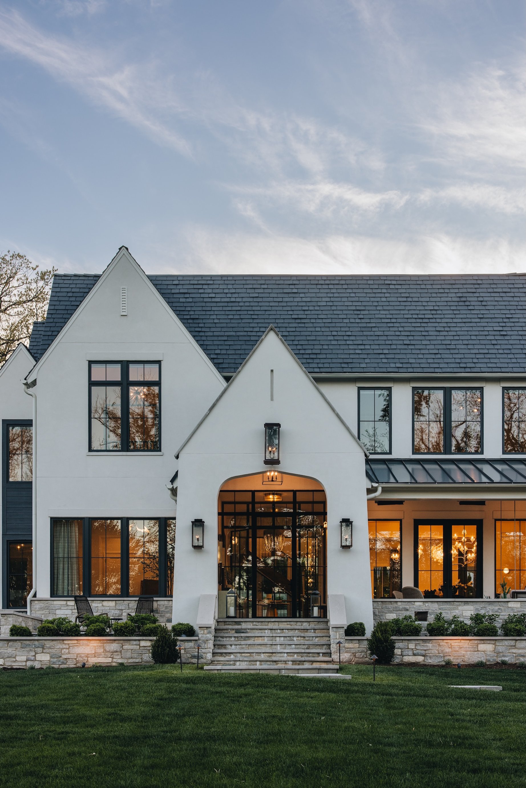 Dawn Reeves Design Luxury Interior Design Chicago Illinois Wilson Front Exterior Twilight Gables