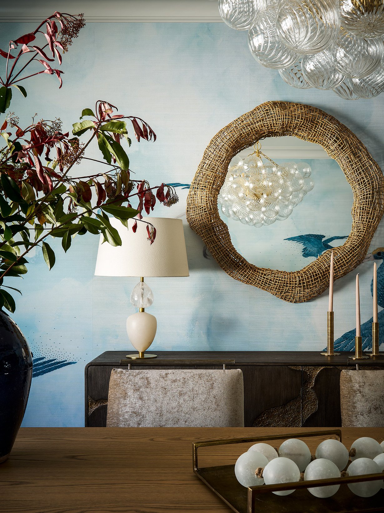 Dawn Reeves Design Luxury Interior Design Chicago Illinois Melrose Dining Room Mirror Bubble Chandelier Detail