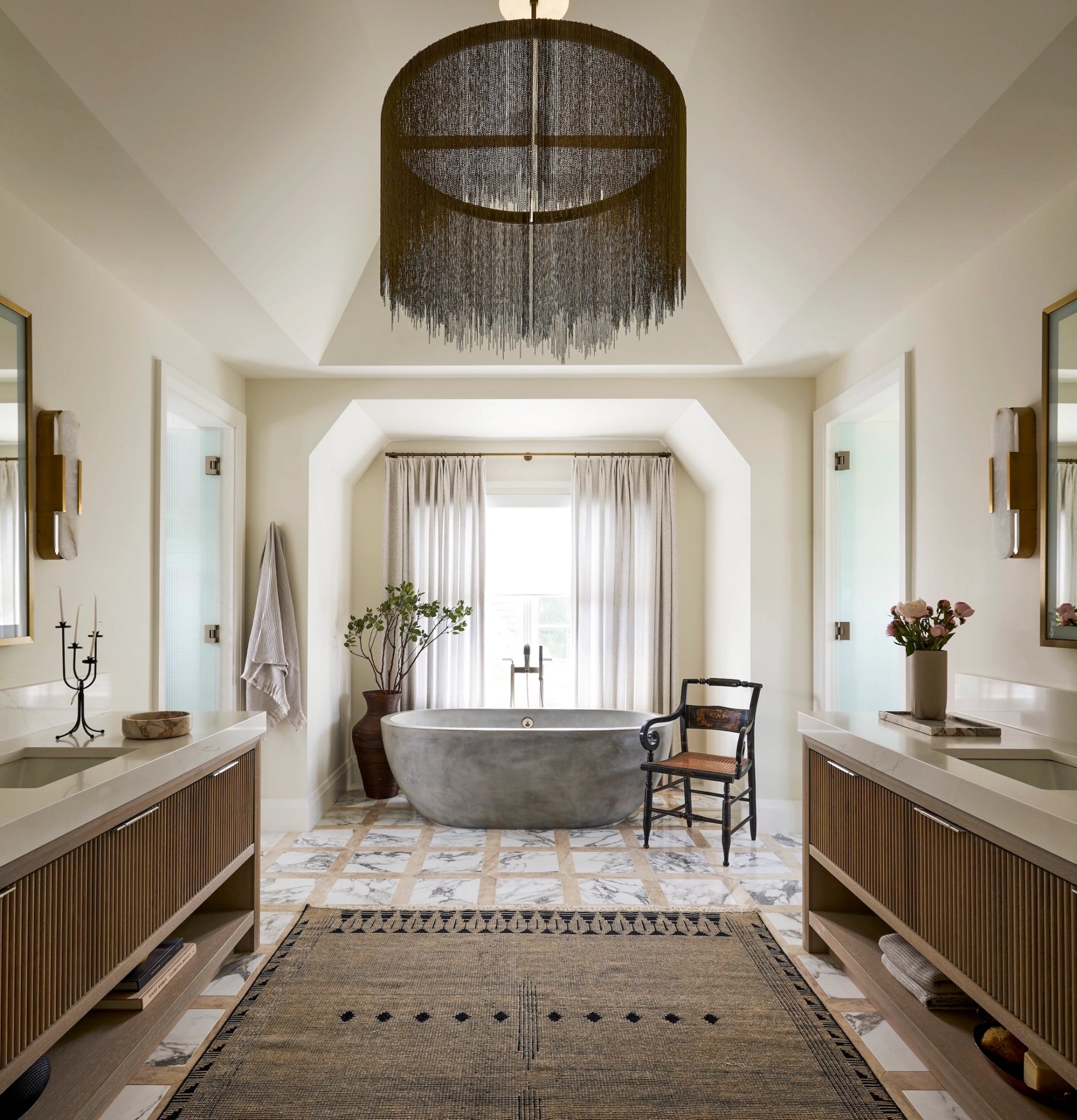 Dawn Reeves Design Luxury Interior Design Chicago Illinois Kenilworth II Primary Bath Tassel Chandelier Stone Tub