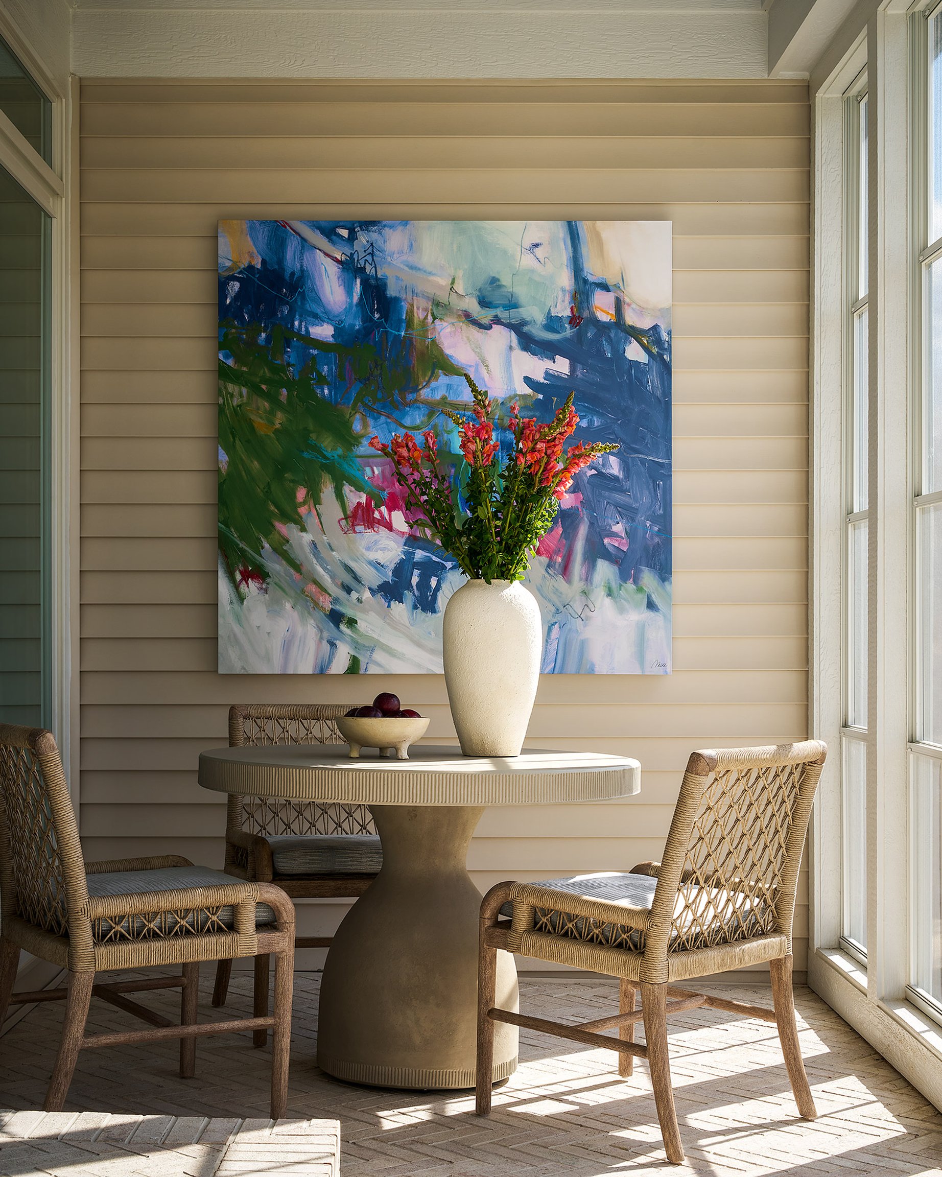 Dawn Reeves Design Luxury Interior Design Chicago Illinois Melrose Porch Abstract Painting Pedestal Table