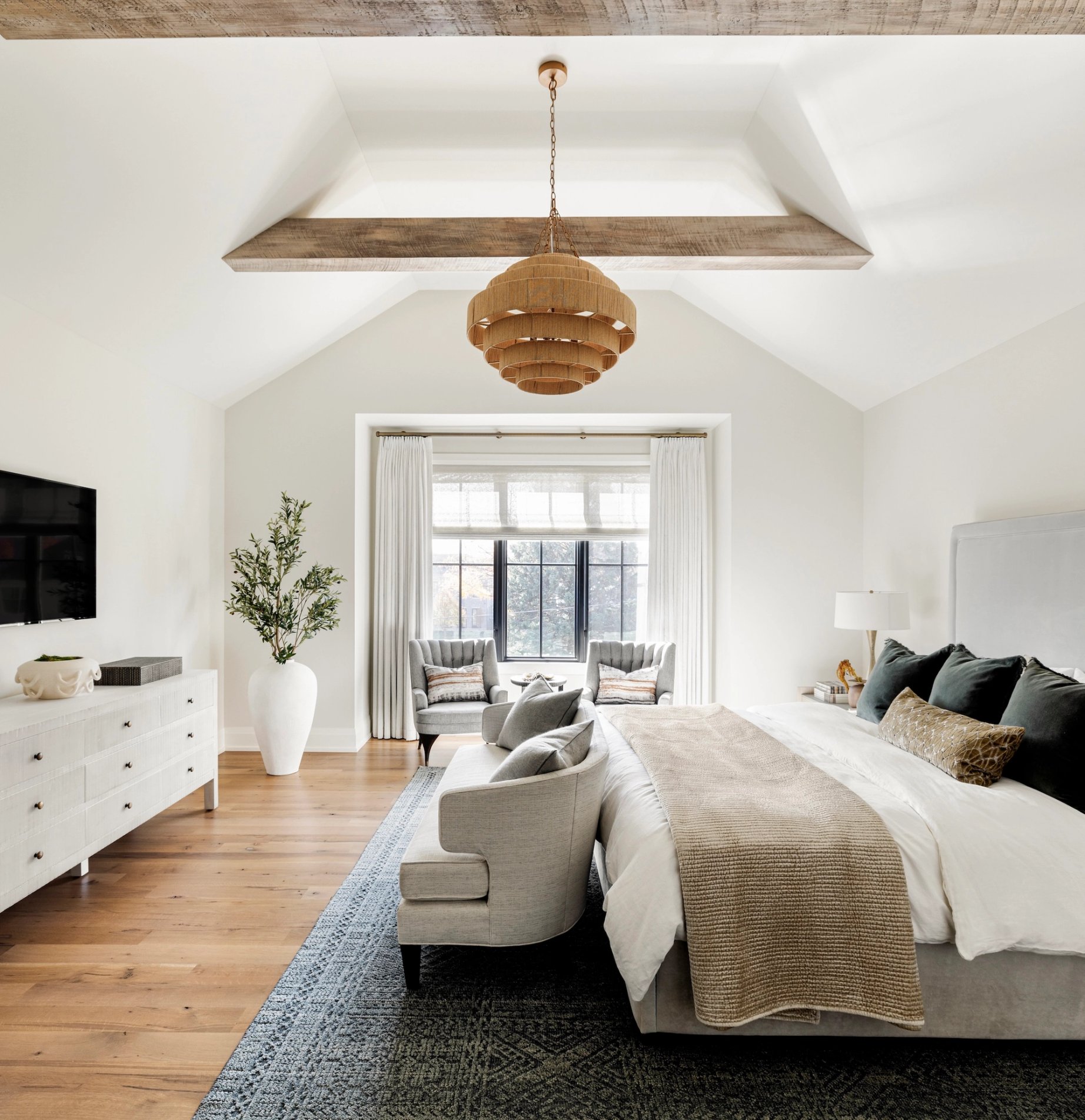 Dawn Reeves Design Luxury Interior Design Chicago Illinois Vallette Primary Bedroom Woven Chandelier