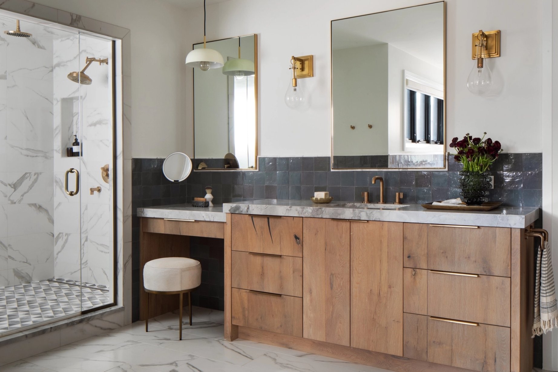 Dawn Reeves Design Luxury Interior Design Chicago Illinois Kenilworth I Bath Double Vanity Marble Shower