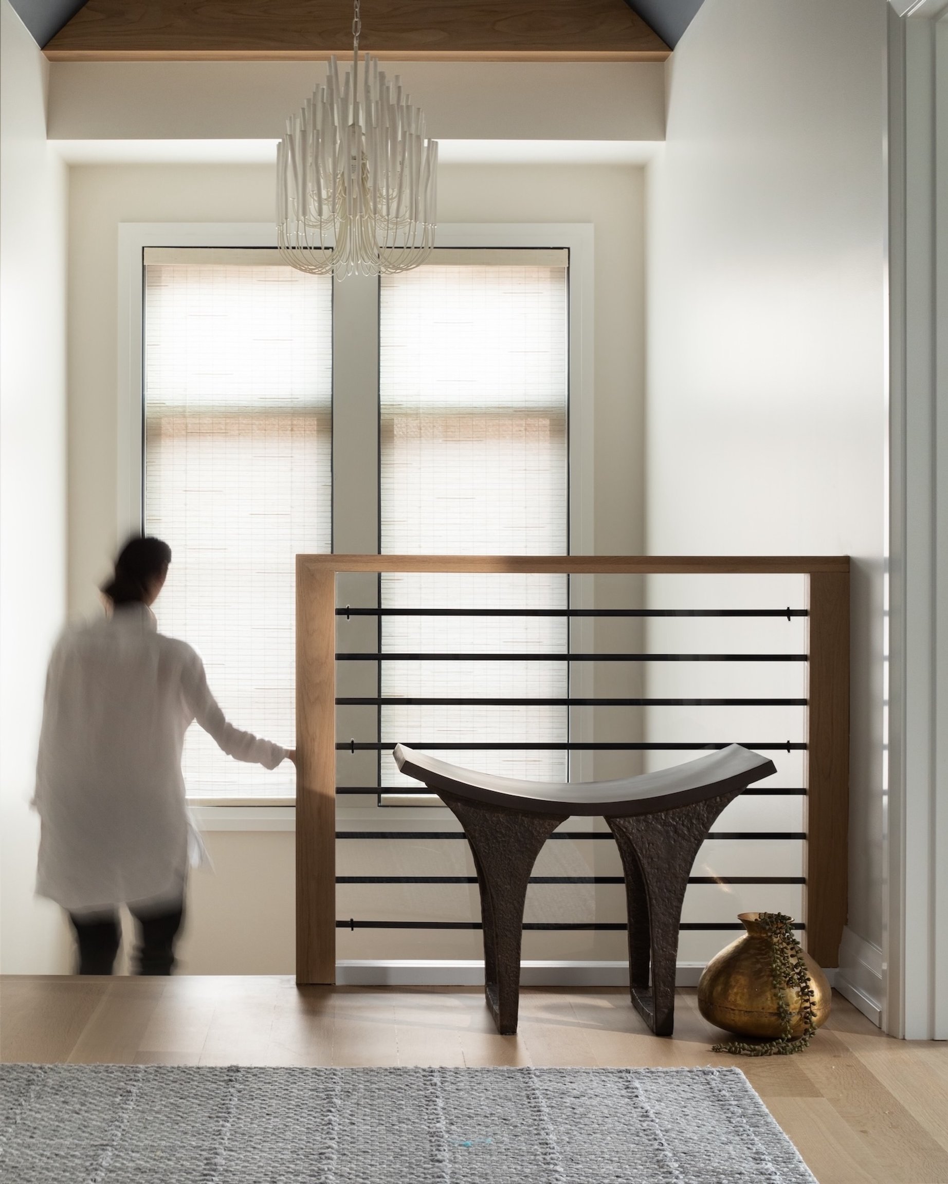 Dawn Reeves Design Luxury Interior Design Chicago Illinois Kenilworth I Upstairs Landing Wood Beam Bench Chandelier