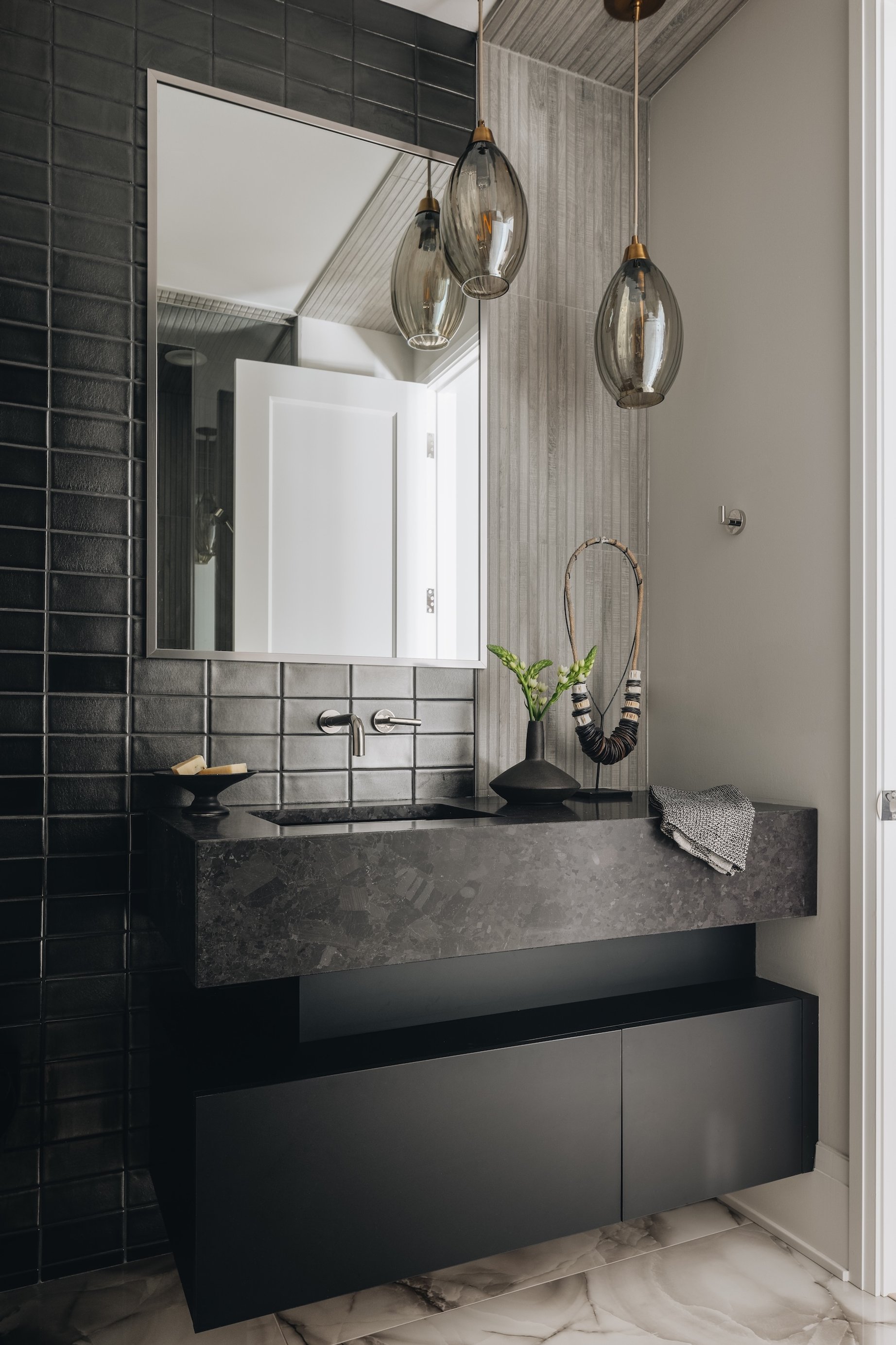 Dawn Reeves Design Luxury Interior Design Chicago Illinois Wilson Powder Room Black Tile Glass Pendants