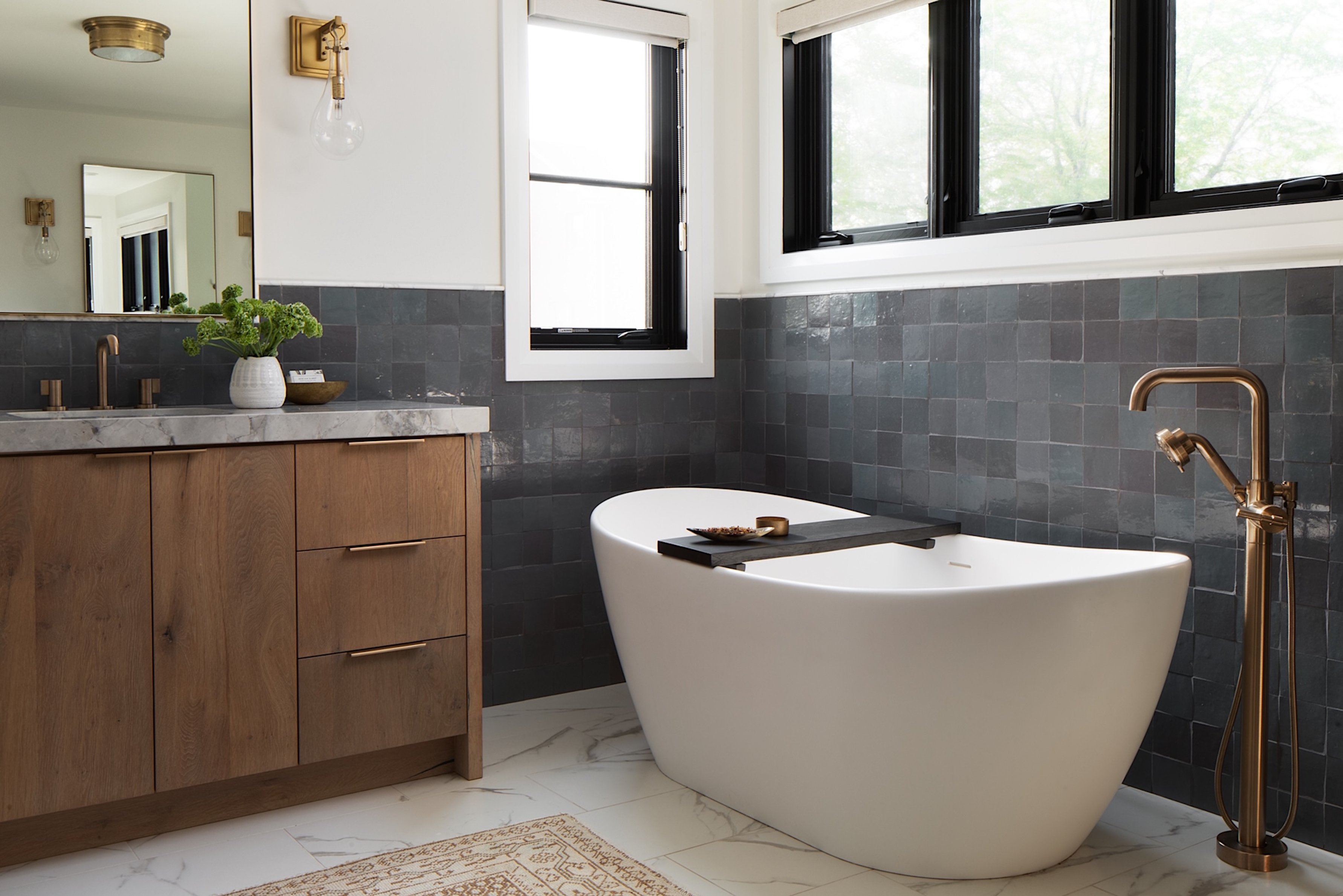 Dawn Reeves Design Luxury Interior Design Chicago Illinois Kenilworth 1 Bath Tub Navy Tile Brass