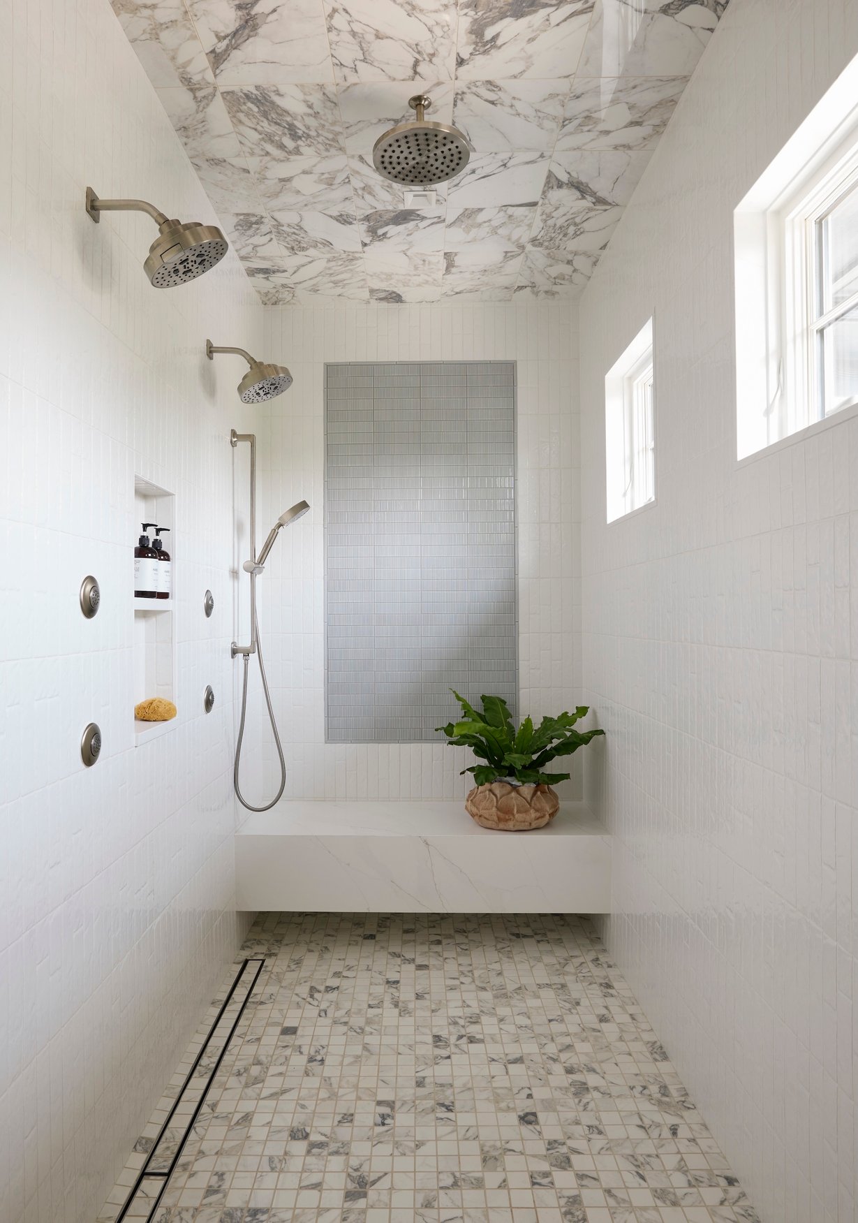 Dawn Reeves Design Luxury Interior Design Chicago Illinois Kenilworth II Primary Shower Marble Bench