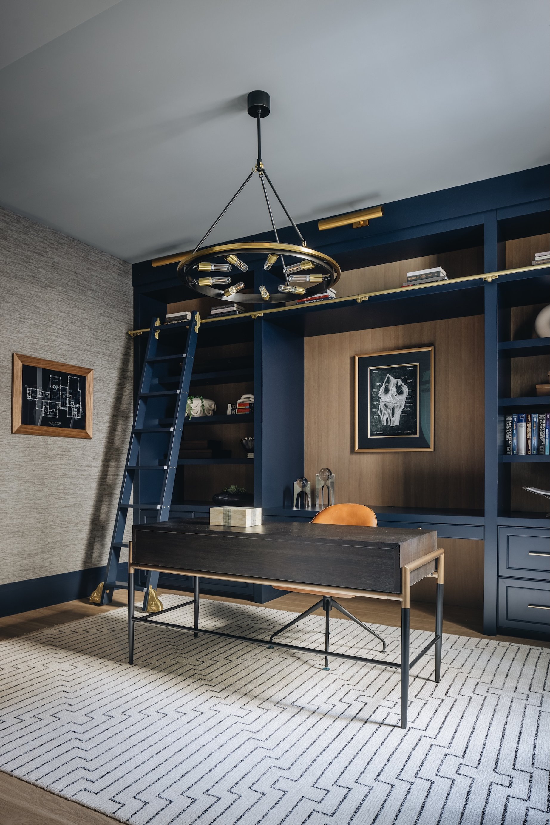 Dawn Reeves Design Luxury Interior Design Chicago Illinois Wilson Office Navy Built Ins Ladder