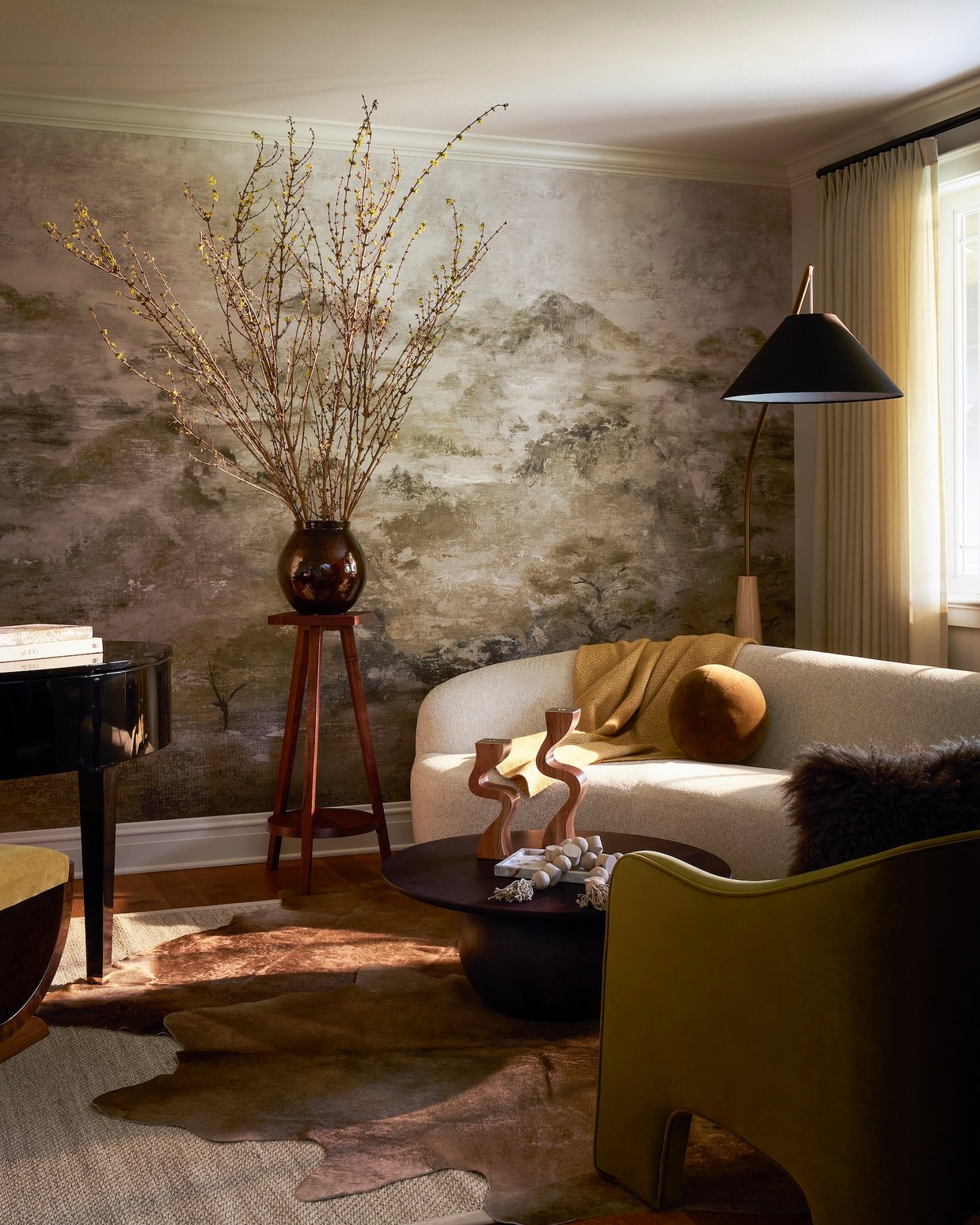 Dawn Reeves Design Luxury Interior Design Chicago Illinois Lake Geneva Living Room Mural Wallpaper Piano
